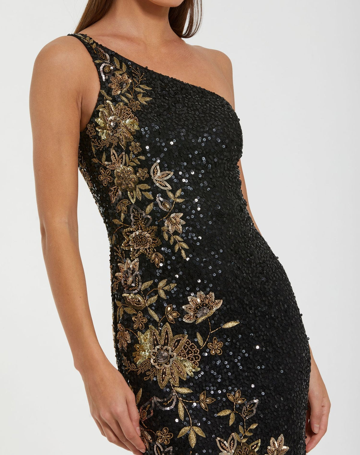 Black Beaded One Shoulder Sequin Mermaid Gown