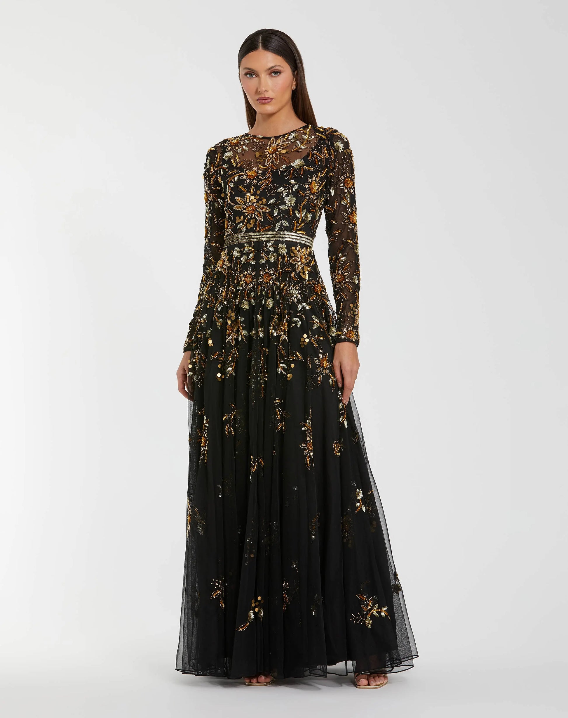 Black Hand Embellished Long Sleeve A Line Gown - Mac Duggal