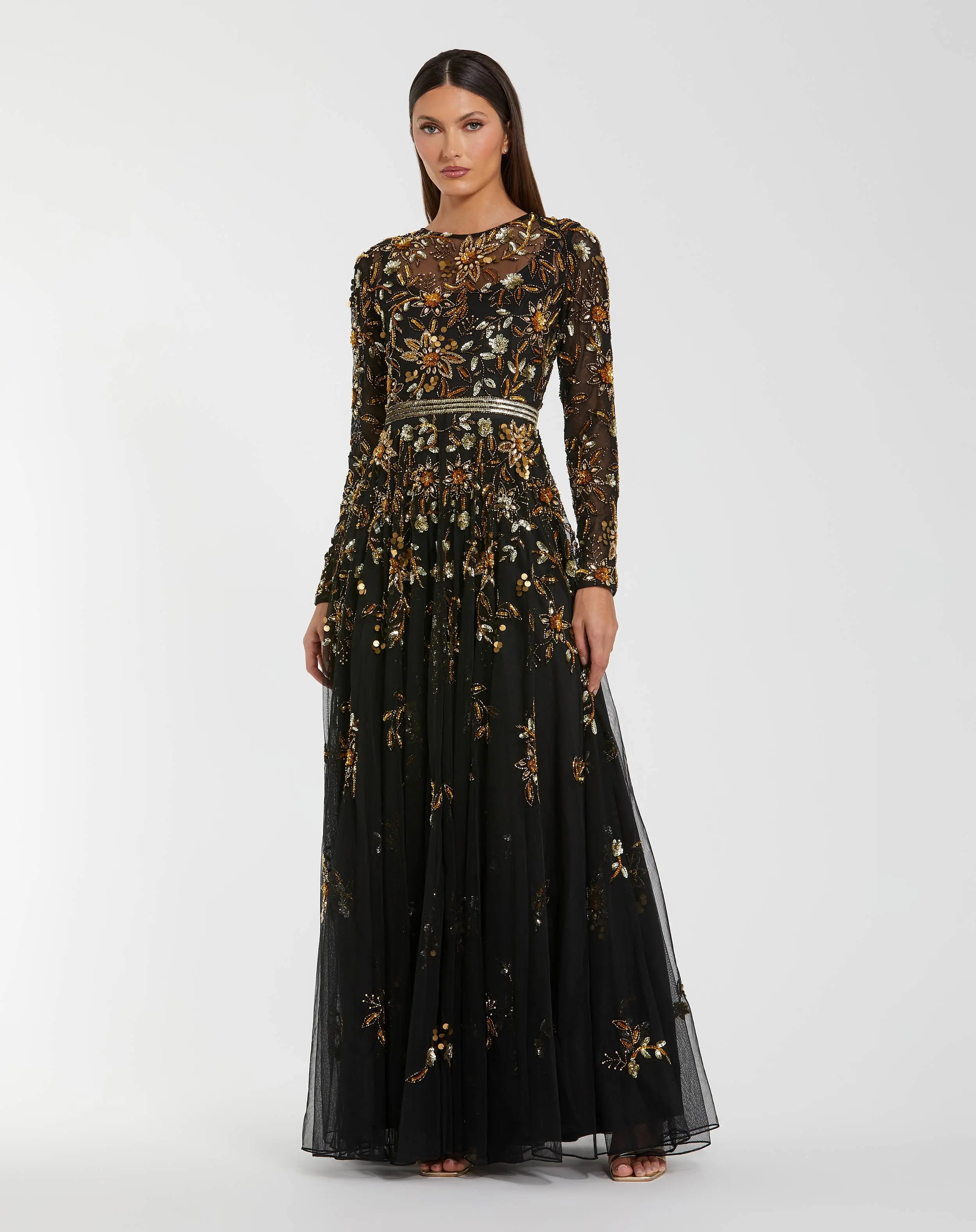 Black Hand Embellished Long Sleeve A Line Gown - Mac Duggal