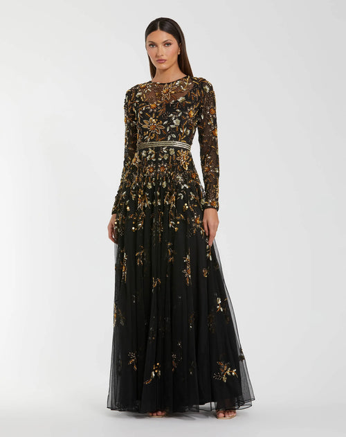 Black Hand Embellished Long Sleeve A Line Gown - Mac Duggal