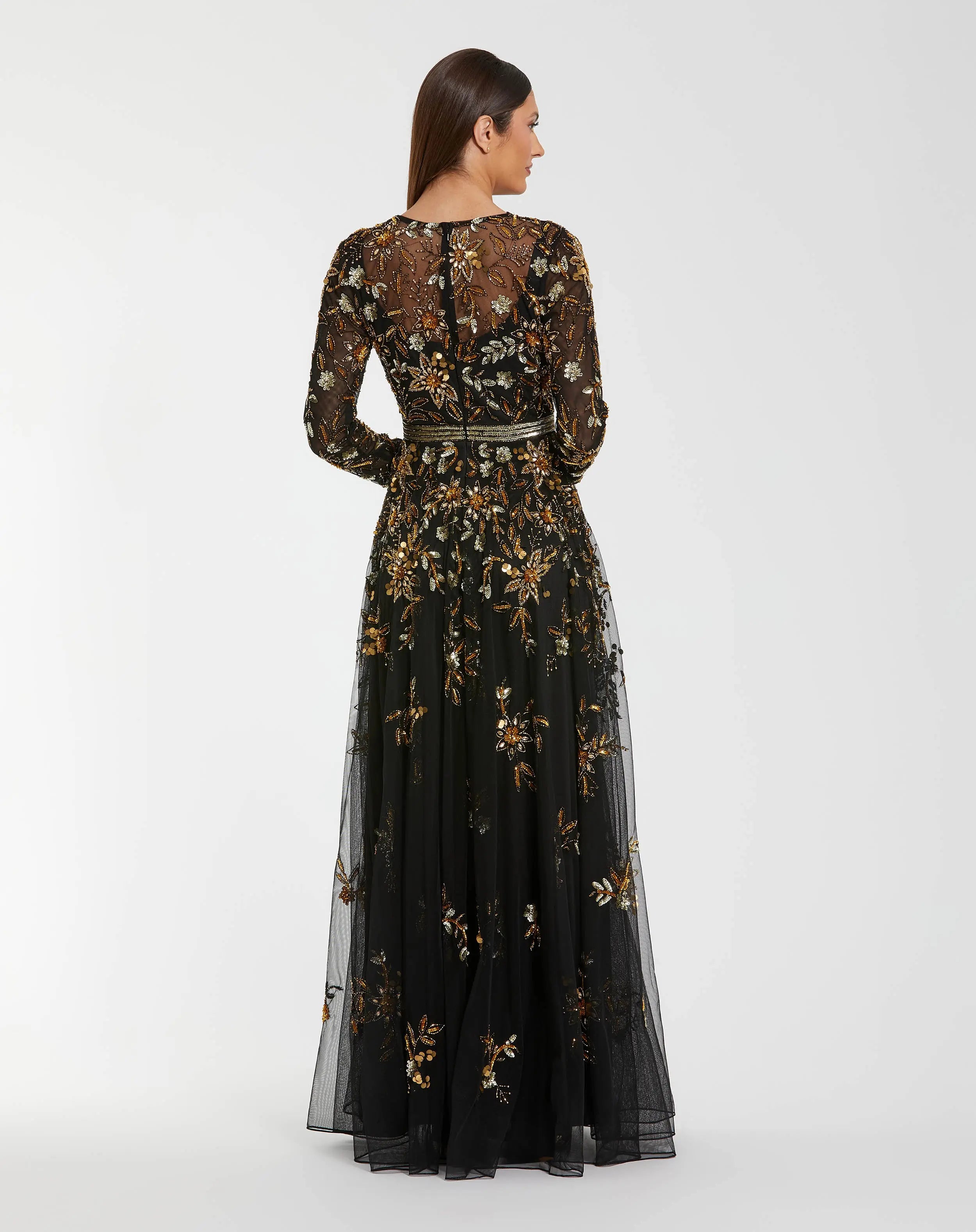 Black Hand Embellished Long Sleeve A Line Gown - Mac Duggal