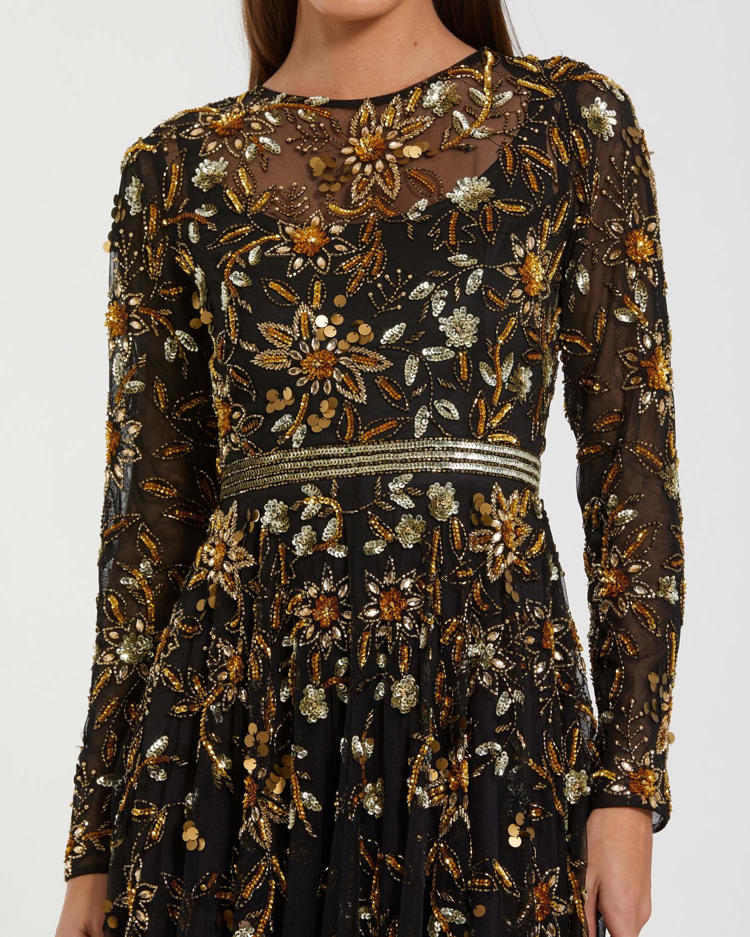 Black Hand Embellished Long Sleeve A Line Gown - Mac Duggal