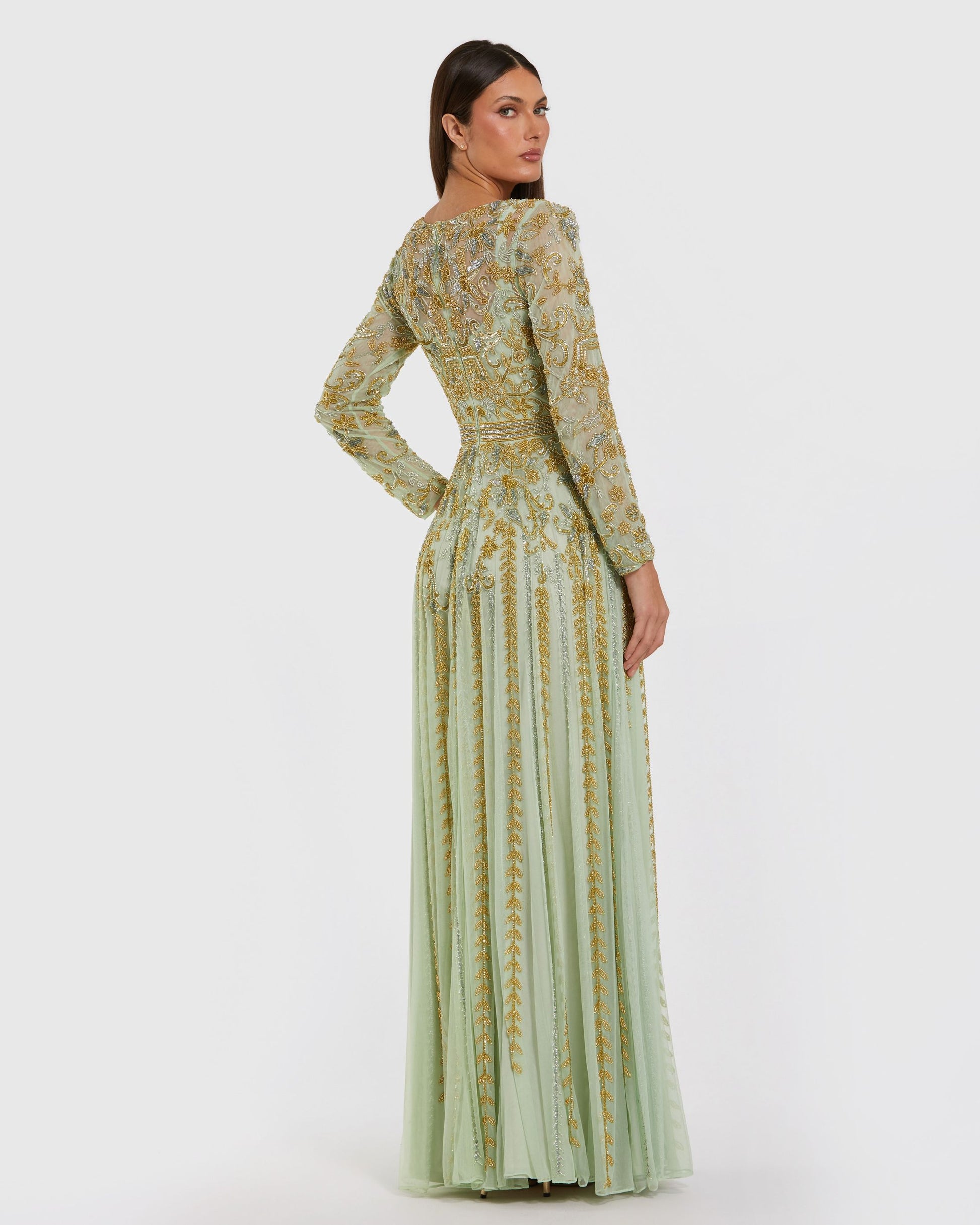 Green Beaded Long Sleeve Scoop Neck A Line Gown Mac Duggal