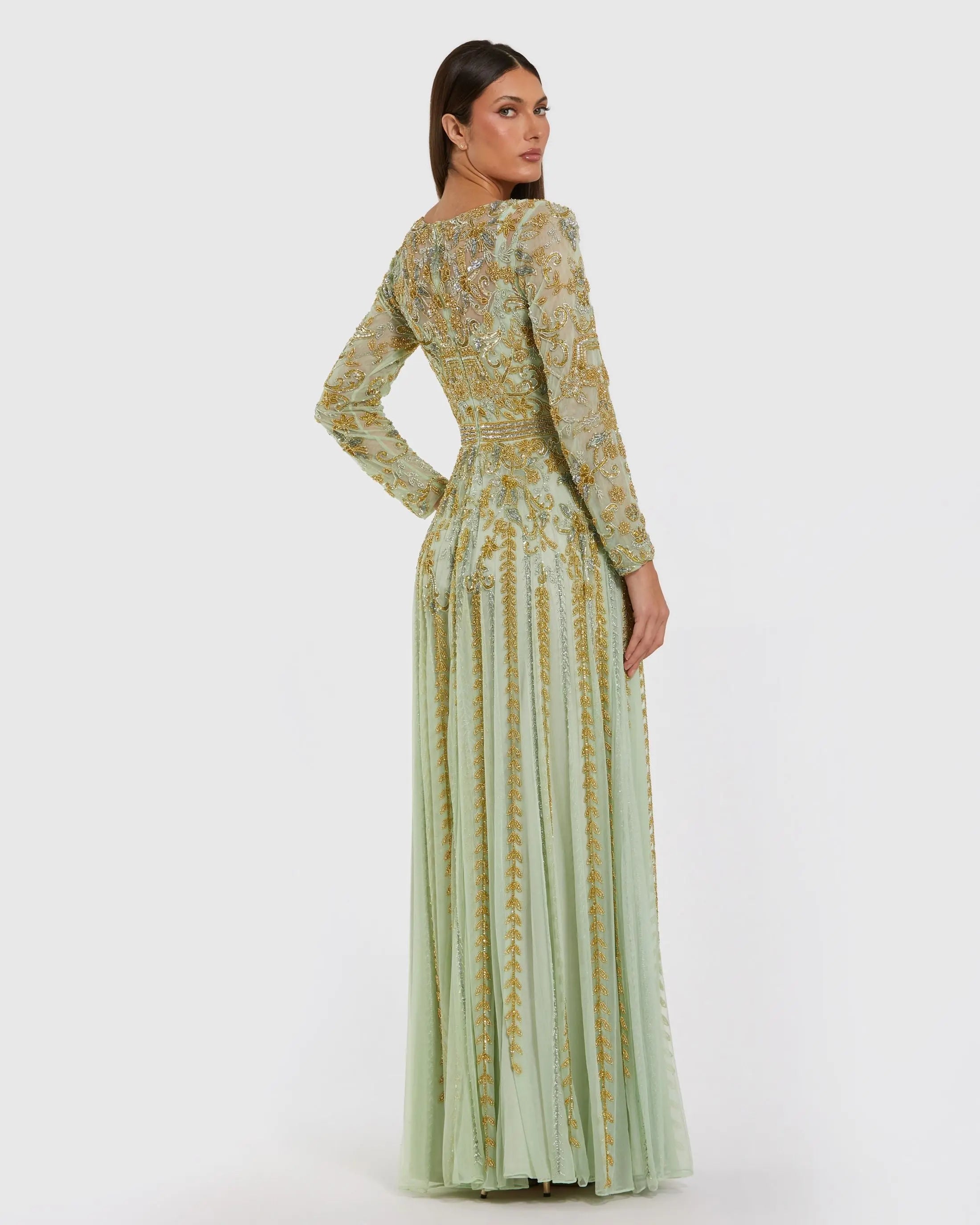 Green Beaded Long Sleeve Scoop Neck A Line Gown Mac Duggal