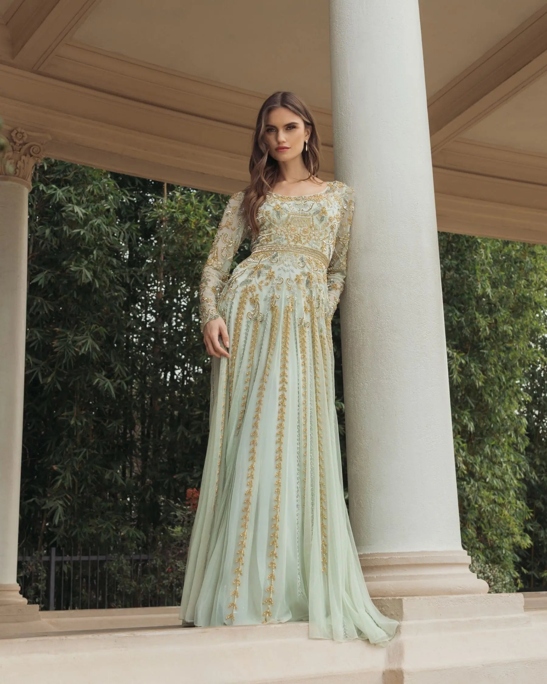 Green Beaded Long Sleeve Scoop Neck A Line Gown Green Beaded Long Sleeve Scoop Neck A Line Gown