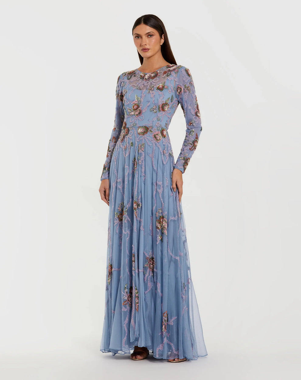 Blue Floral Bow Beaded Long Sleeve Gown
