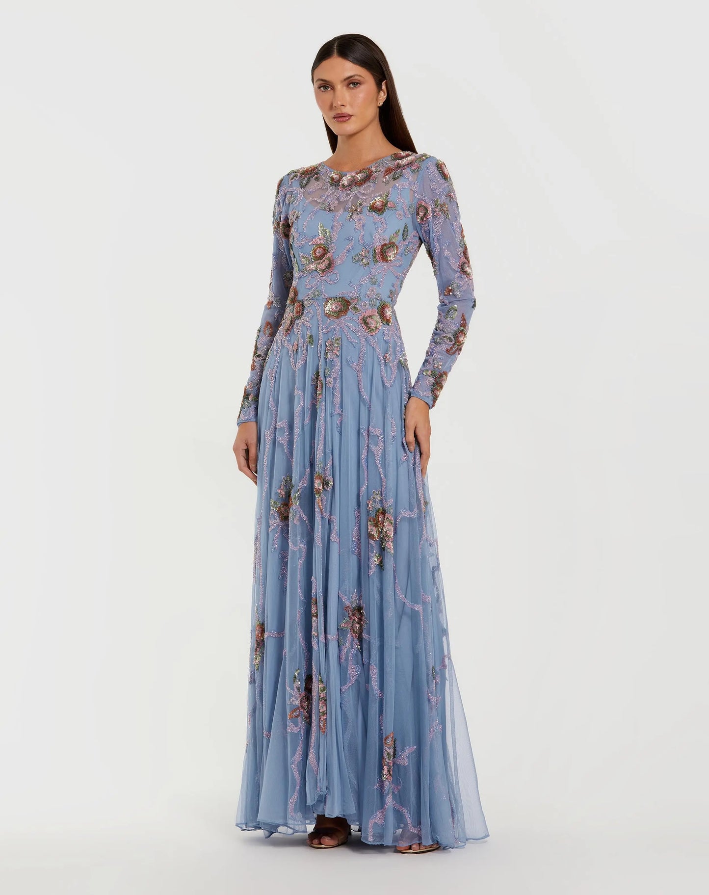 Blue Long Sleeve Floral Beaded Gown Mac Duggal