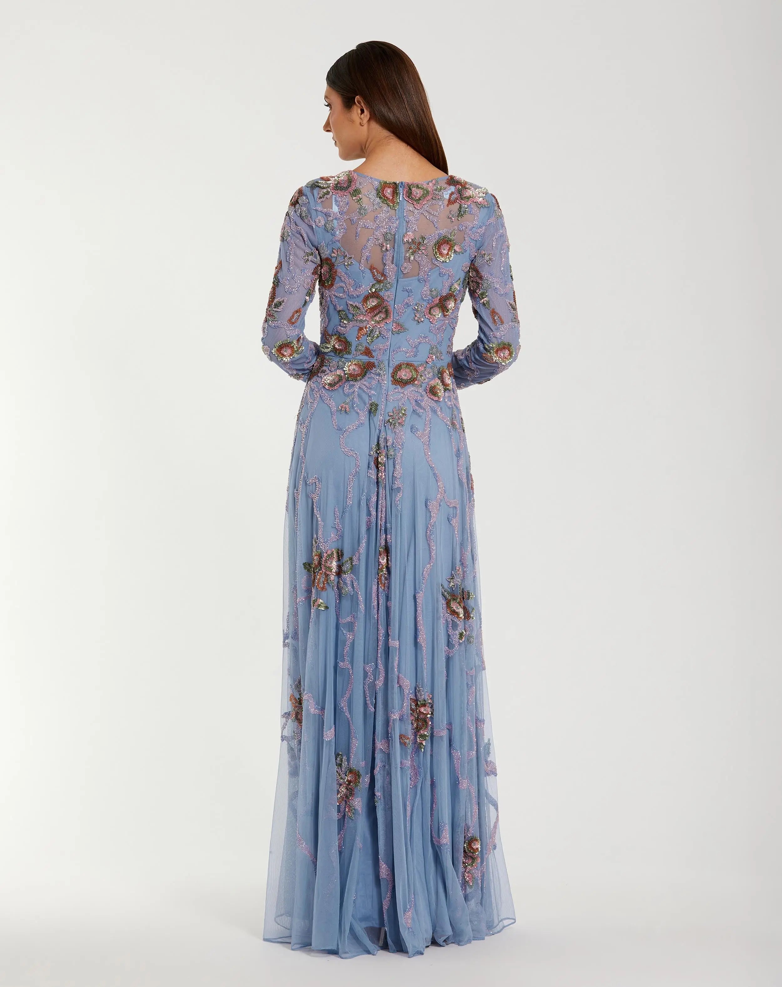 Blue Long Sleeve Floral Beaded Gown Mac Duggal