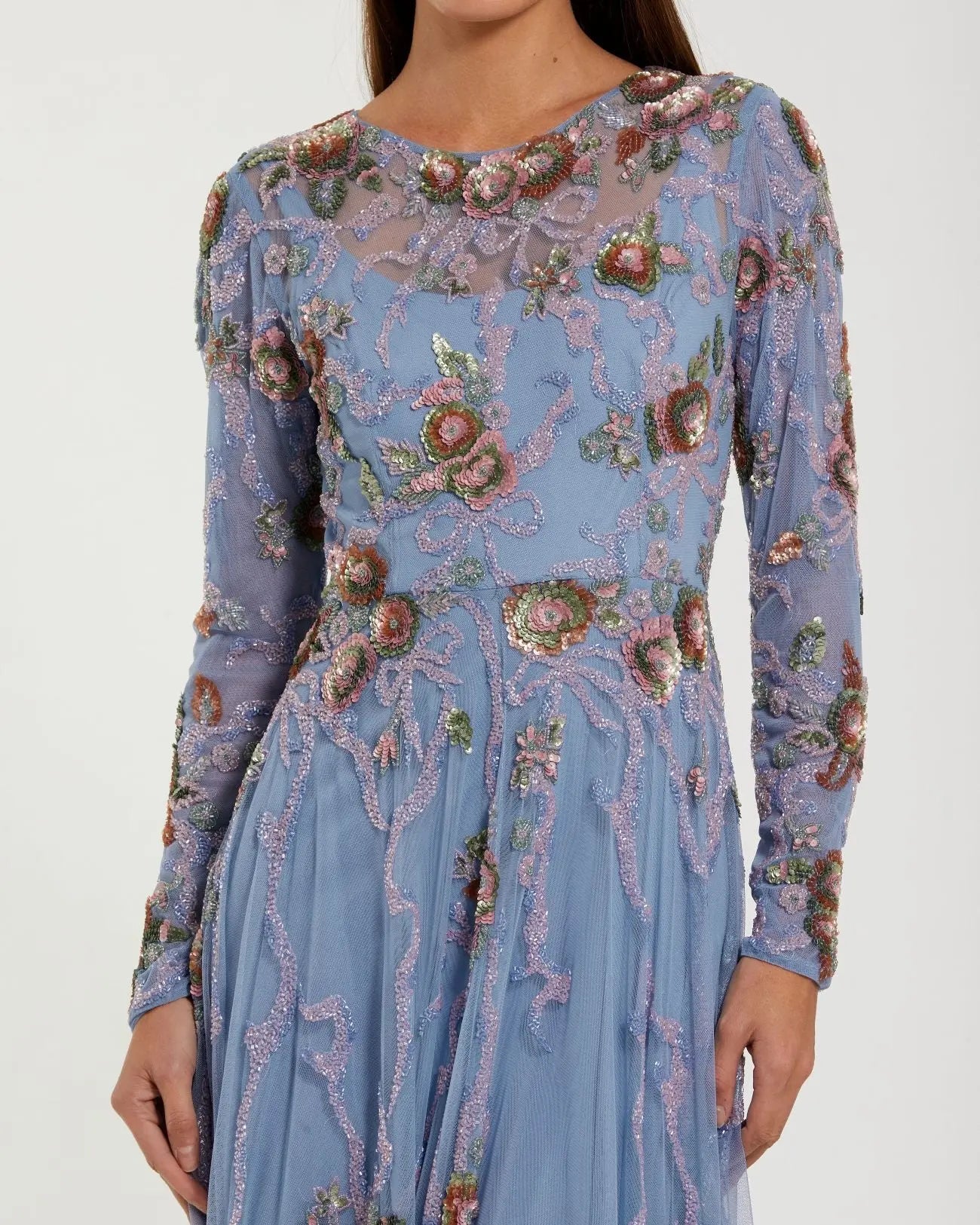 Blue Long Sleeve Floral Beaded Gown Mac Duggal
