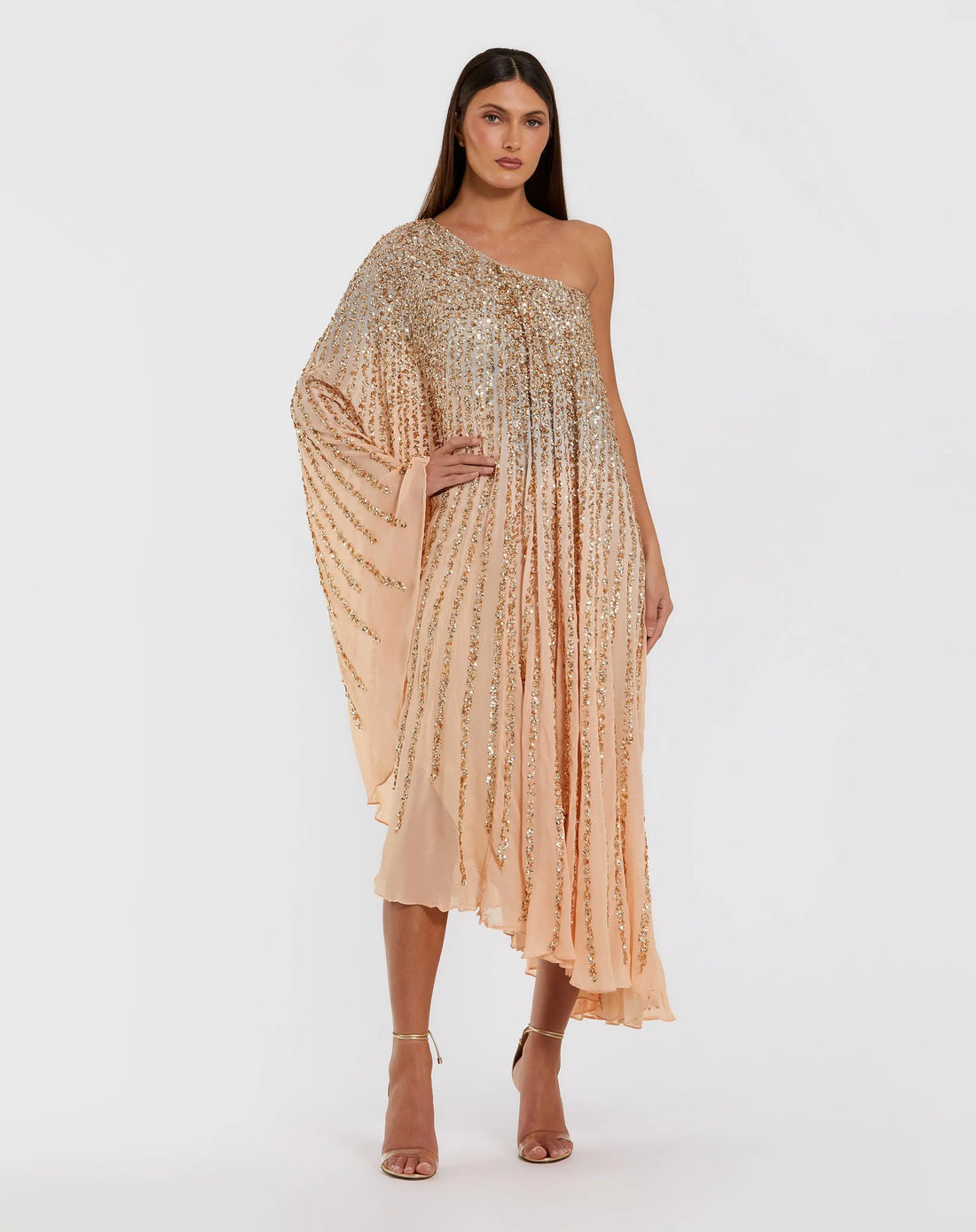 Gold One Shoulder Ombre Sequin Kaftan Dress - Mac Duggal