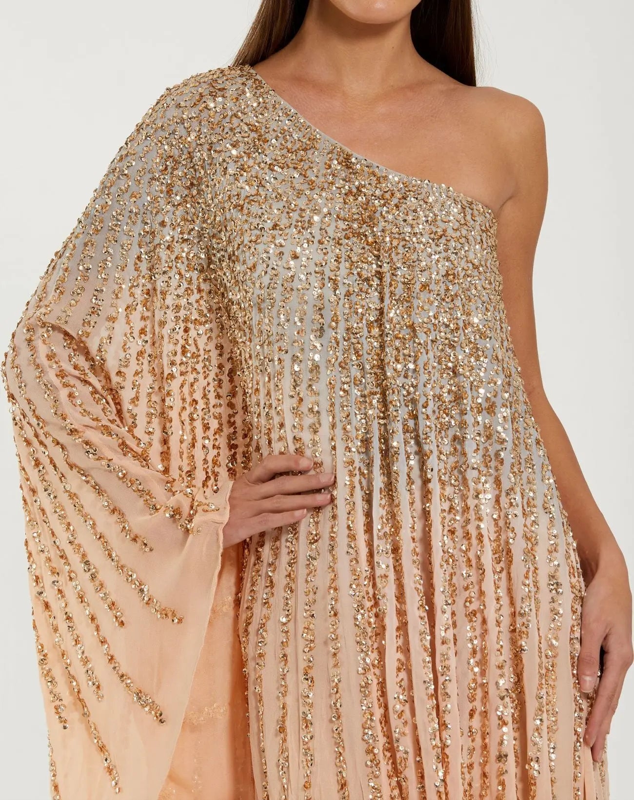 Light Orange One Shoulder Ombre Sequin Kaftan Dress Mac Duggal