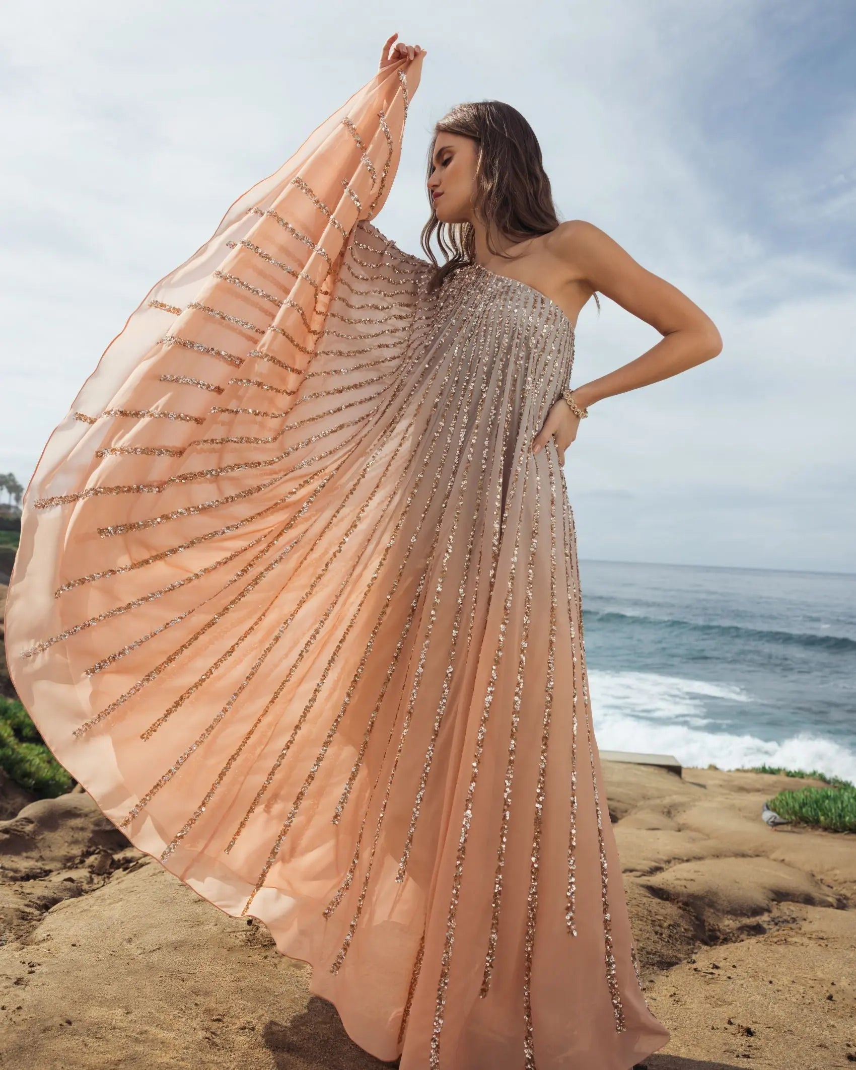 Gold One Shoulder Ombre Sequin Kaftan Dress