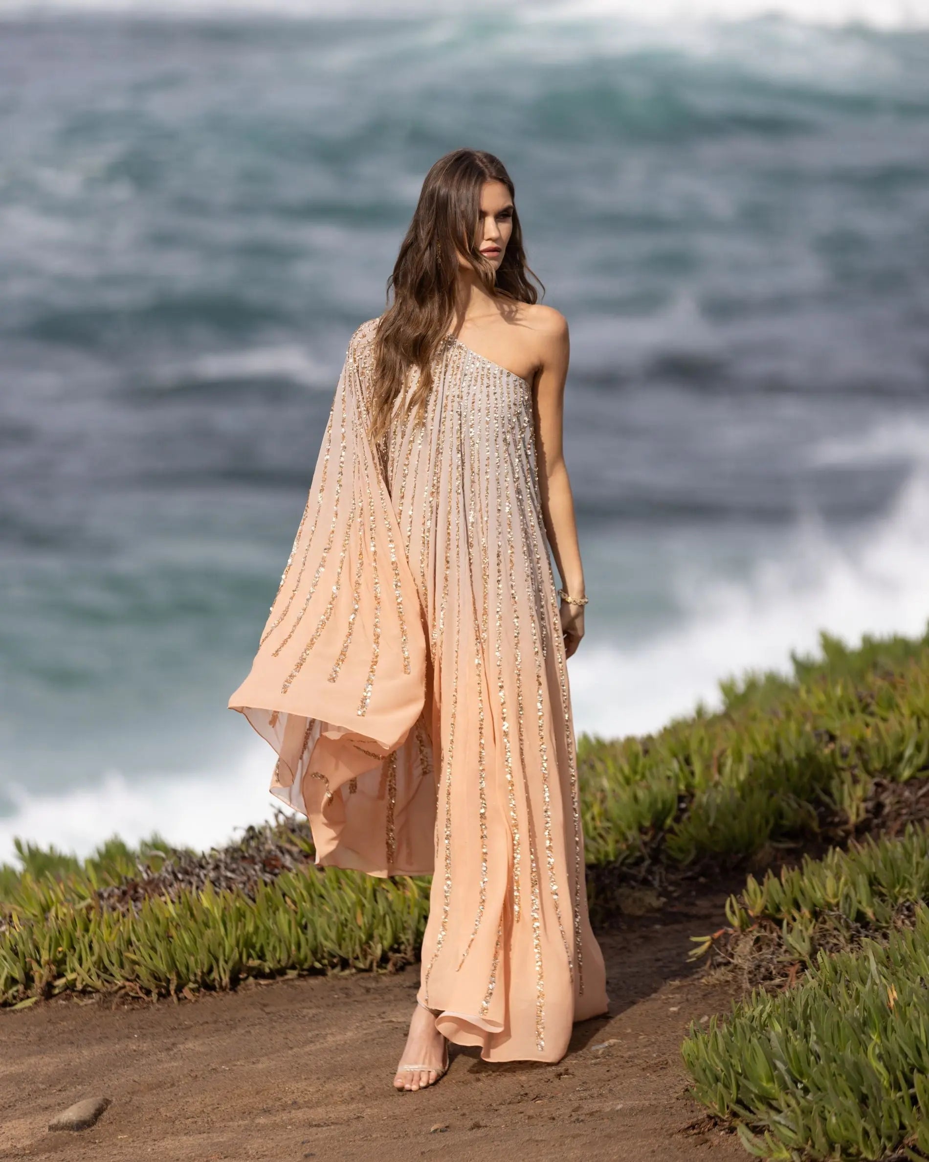 Gold One Shoulder Ombre Sequin Kaftan Dress - Mac Duggal