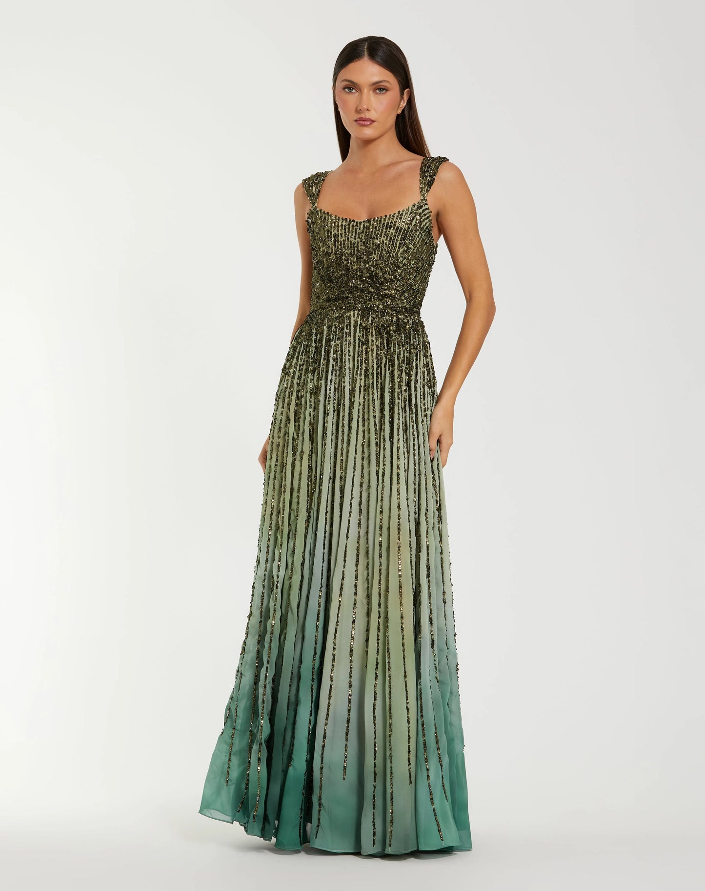 Green Sleeveless Sequin A Line Ombre Gown - Mac Duggal