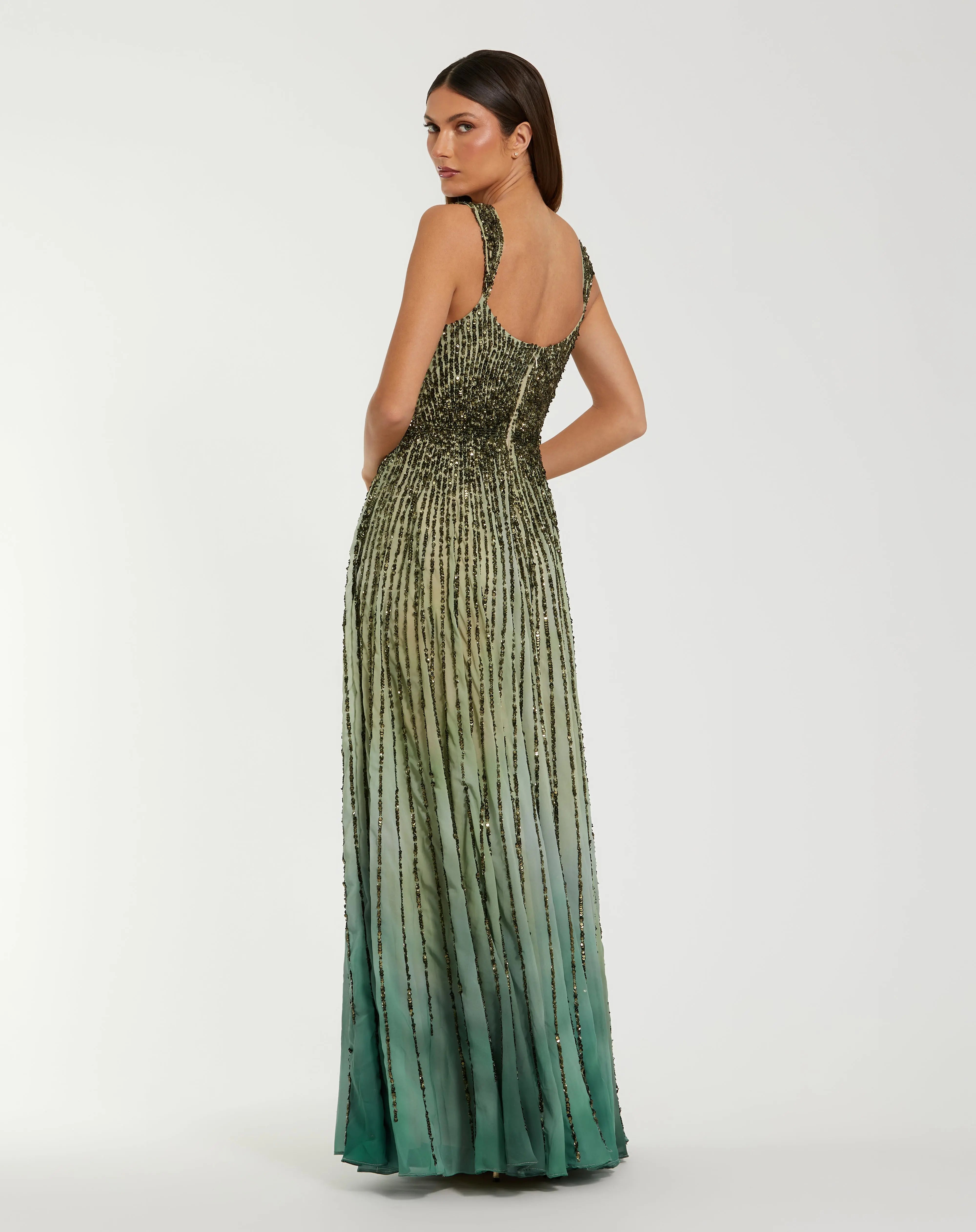 Green Sleeveless Sequin A Line Ombre Gown - Mac Duggal