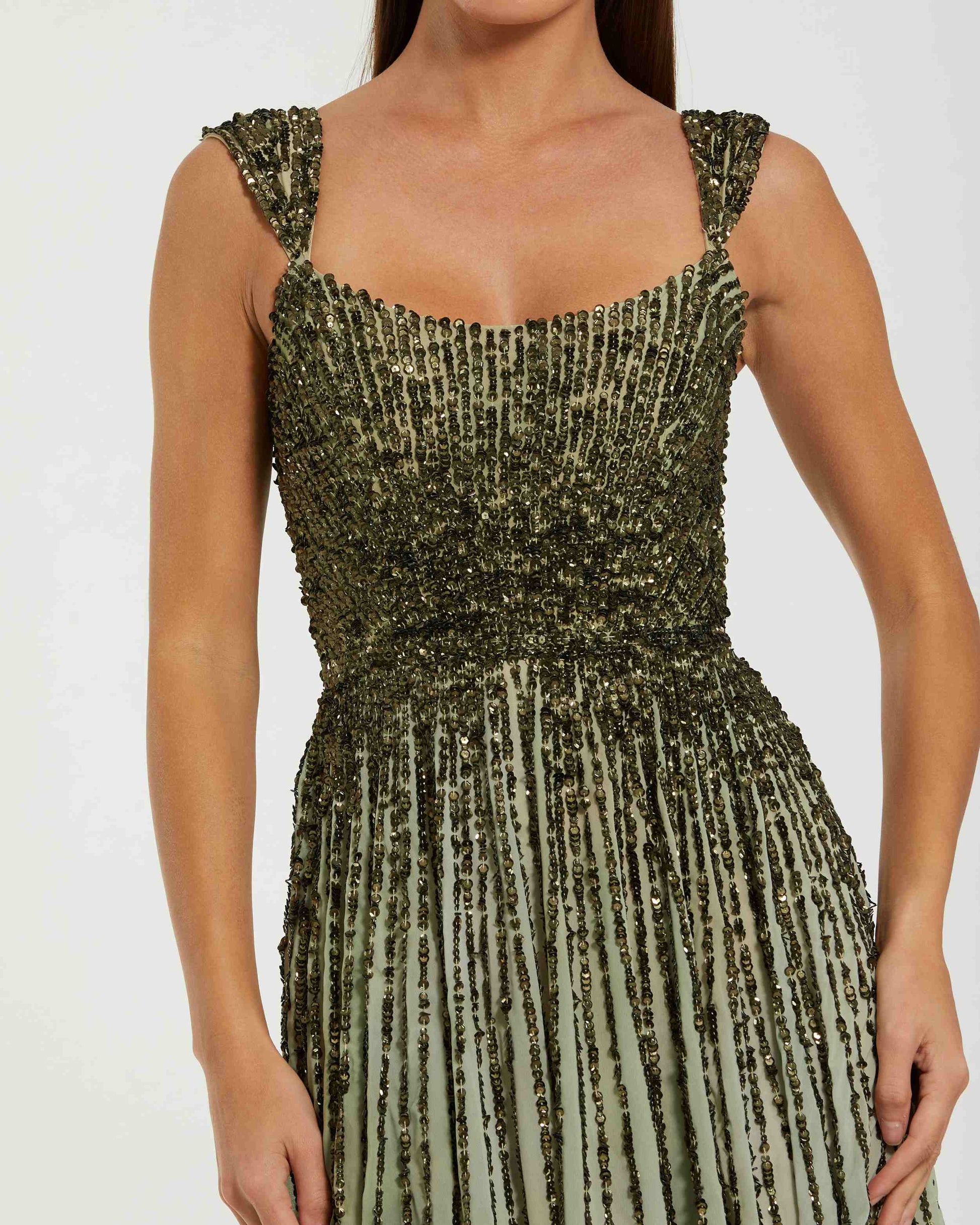 Mac Duggal - Green Sleeveless Sequin A Line Ombre Gown - Patina Green / US 14 Mac Duggal - Green Sleeveless Sequin A Line Ombre Gown - Patina Green / US 14