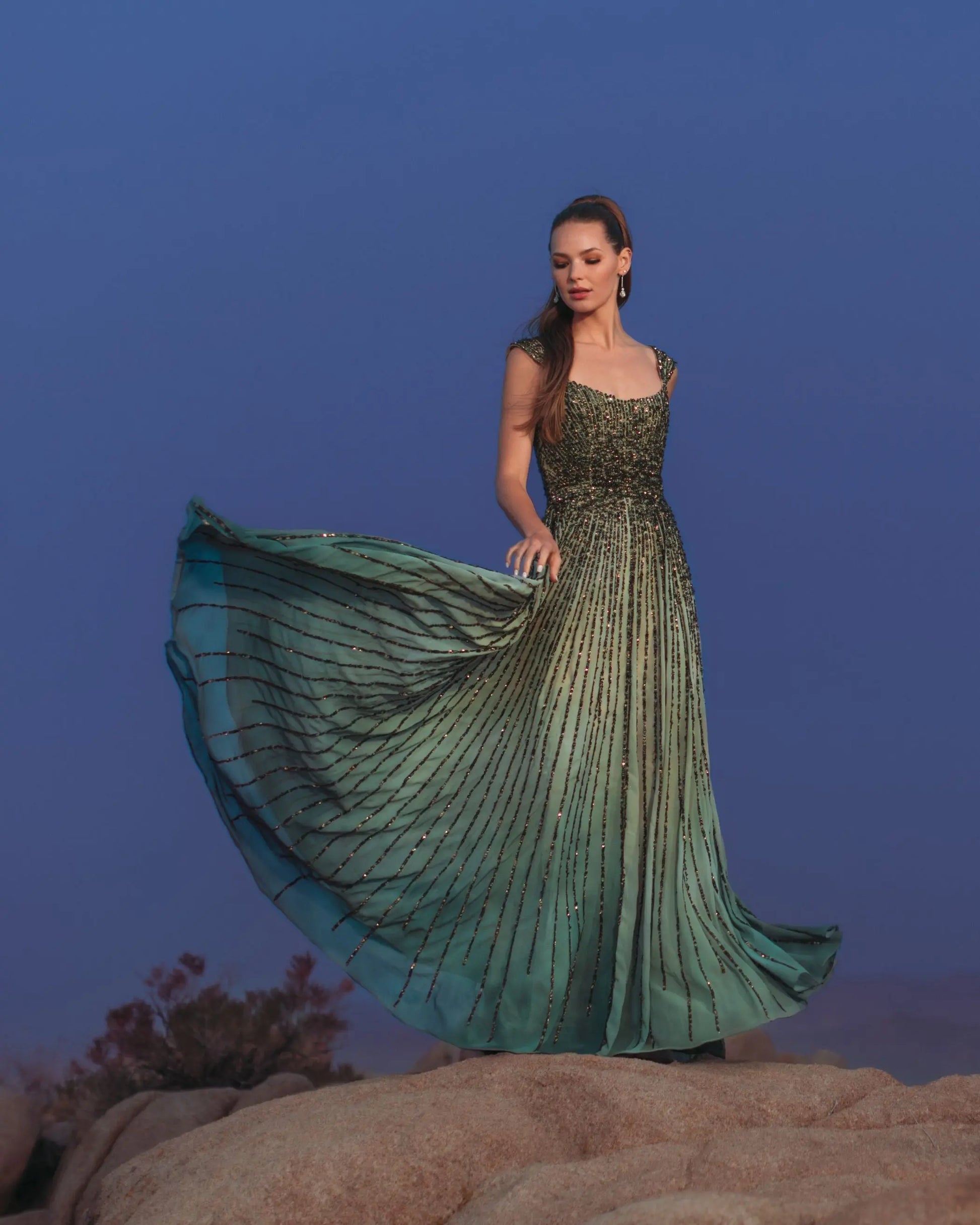 Mac Duggal - Green Sleeveless Sequin A Line Ombre Gown - Patina Green / US 14 Mac Duggal - Green Sleeveless Sequin A Line Ombre Gown - Patina Green / US 14