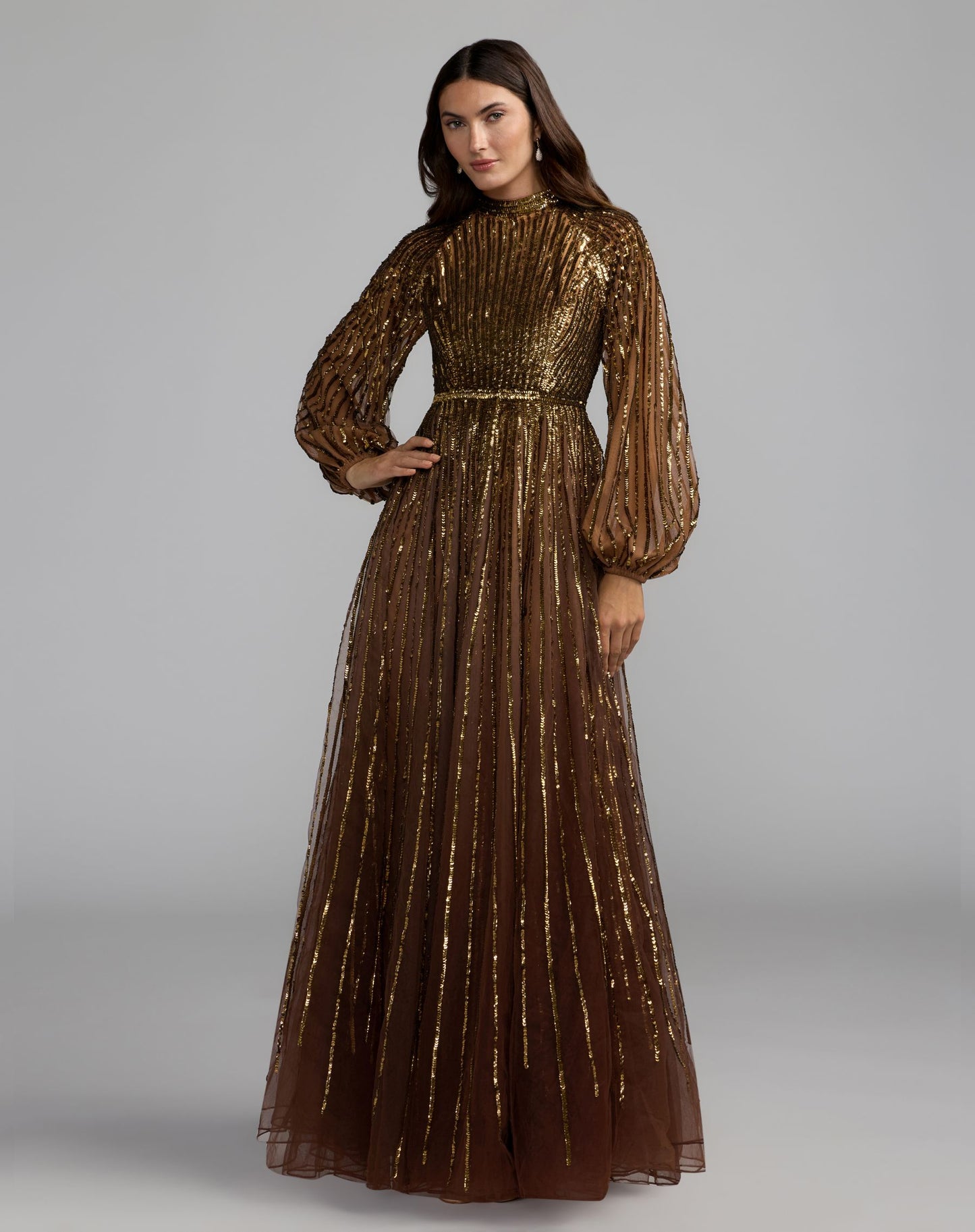 Brown Ombré Sequin Long Sleeve A-Line Gown - Mac Duggal