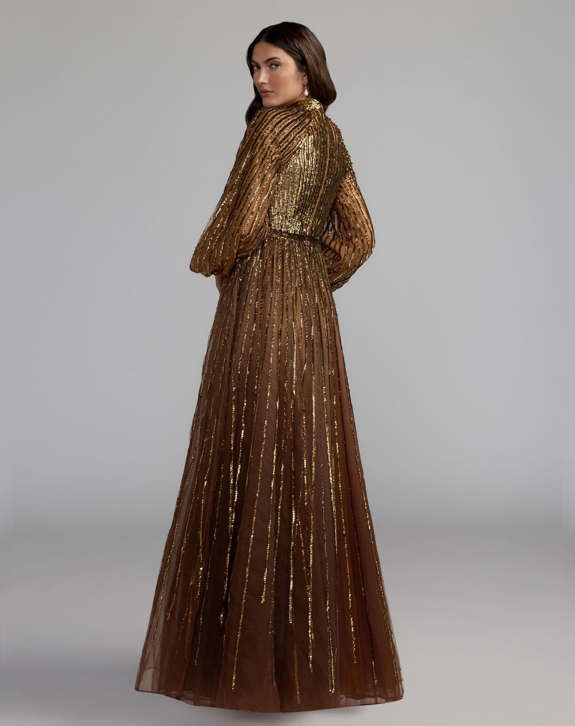 Brown Ombré Sequin Long Sleeve A-Line Gown - Mac Duggal