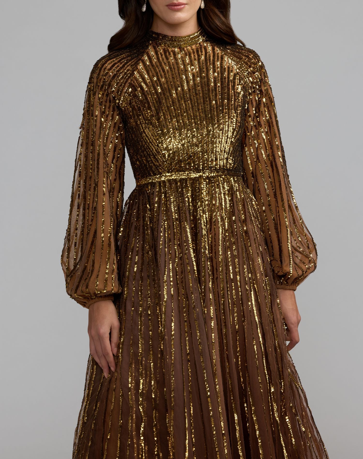Brown Ombré Sequin Long Sleeve A-Line Gown - Mac Duggal
