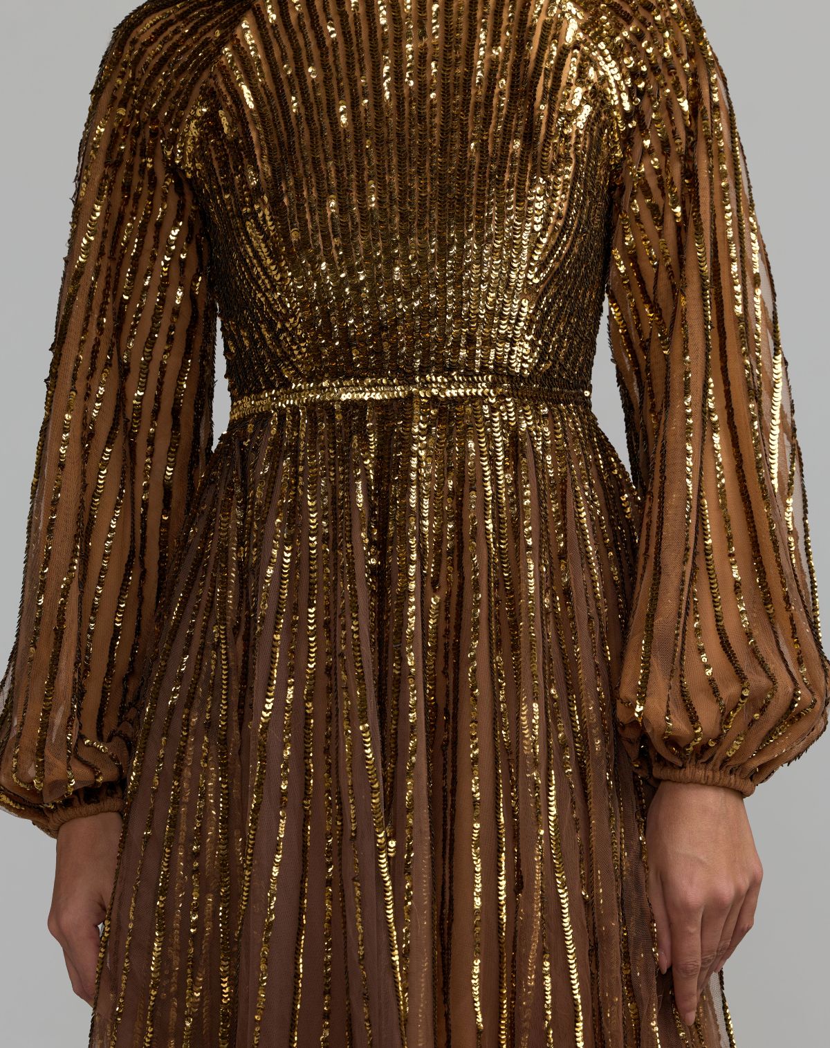 Brown Ombré Sequin Long Sleeve A-Line Gown - Mac Duggal