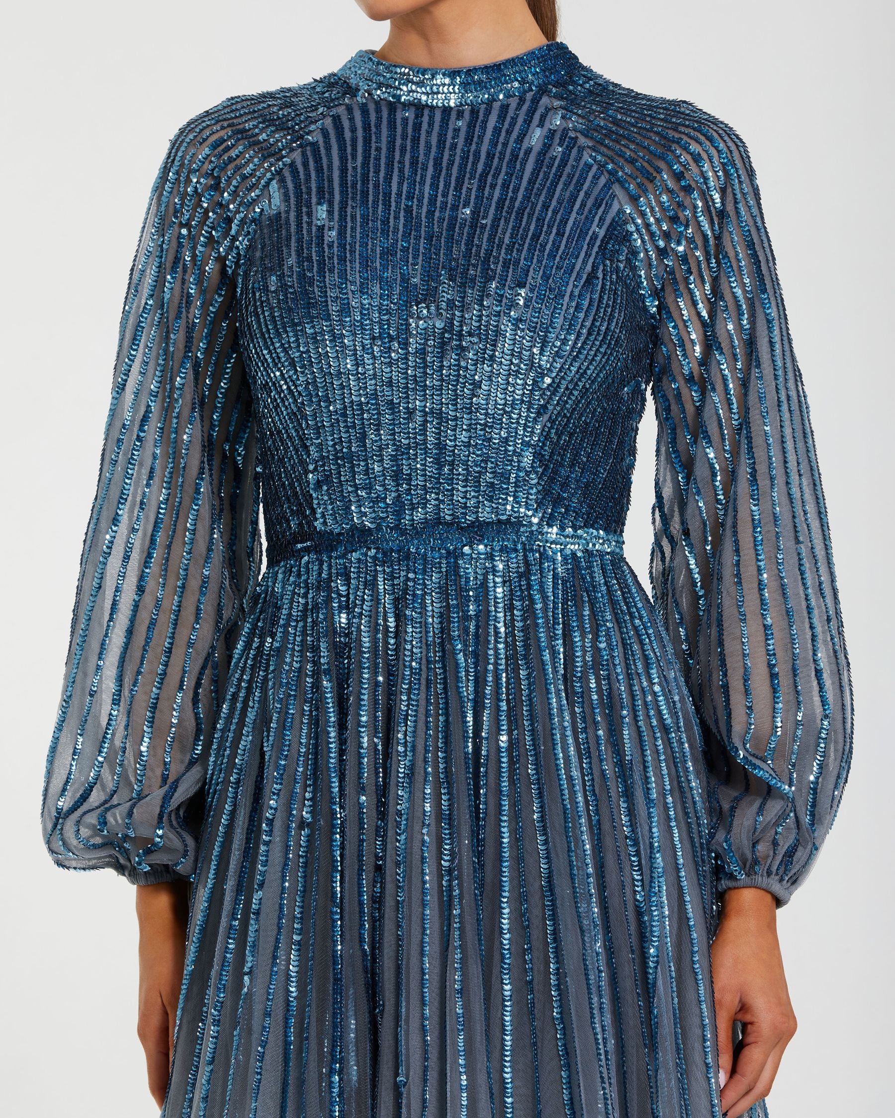Blue Ombré Sequin Long Sleeve A-Line Evening Dress Mac Duggal