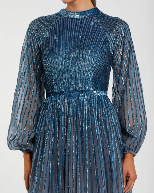 Blue Long Sleeve Sequin A Line Ombré Gown - Mac Duggal