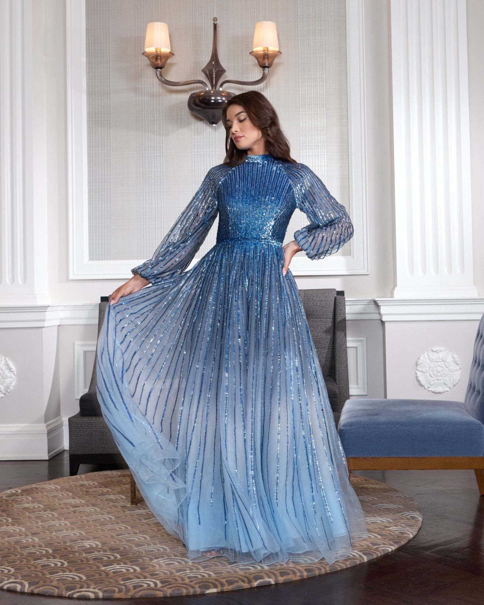 Blue Long Sleeve Sequin A Line Ombré Gown - Mac Duggal
