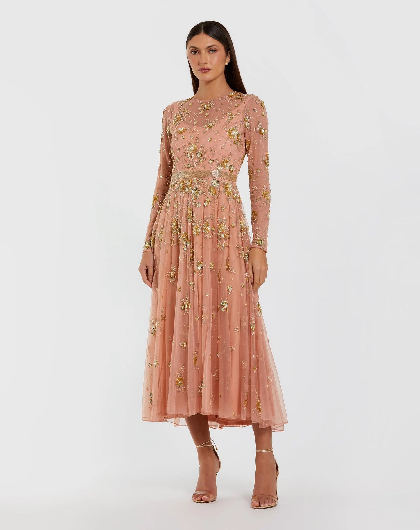 Beige Beaded Long Sleeve A Line Midi Dress | Mac Duggal Beige Beaded Long Sleeve A Line Midi Dress | Mac Duggal