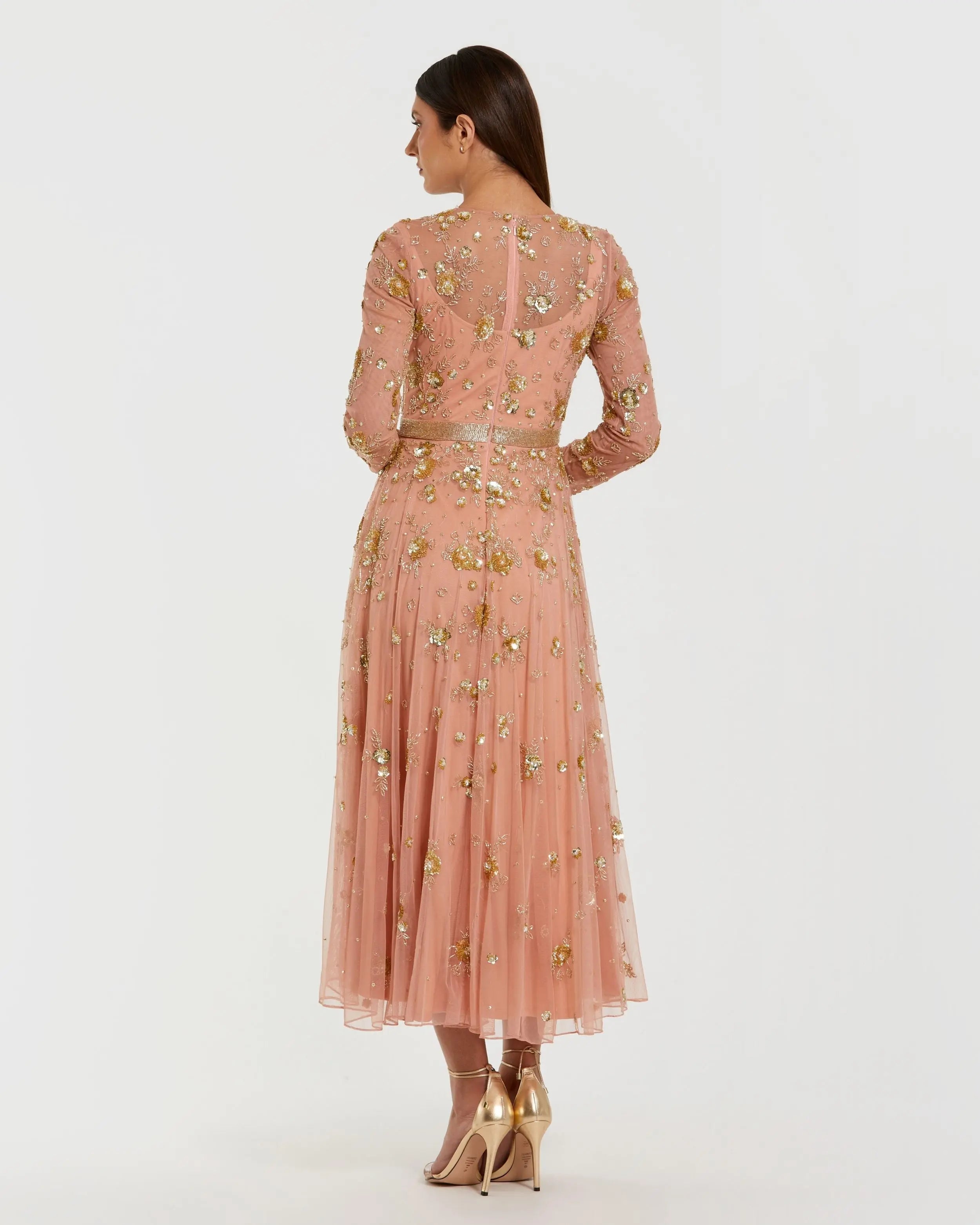 Beige Beaded Long Sleeve A Line Midi Dress Mac Duggal