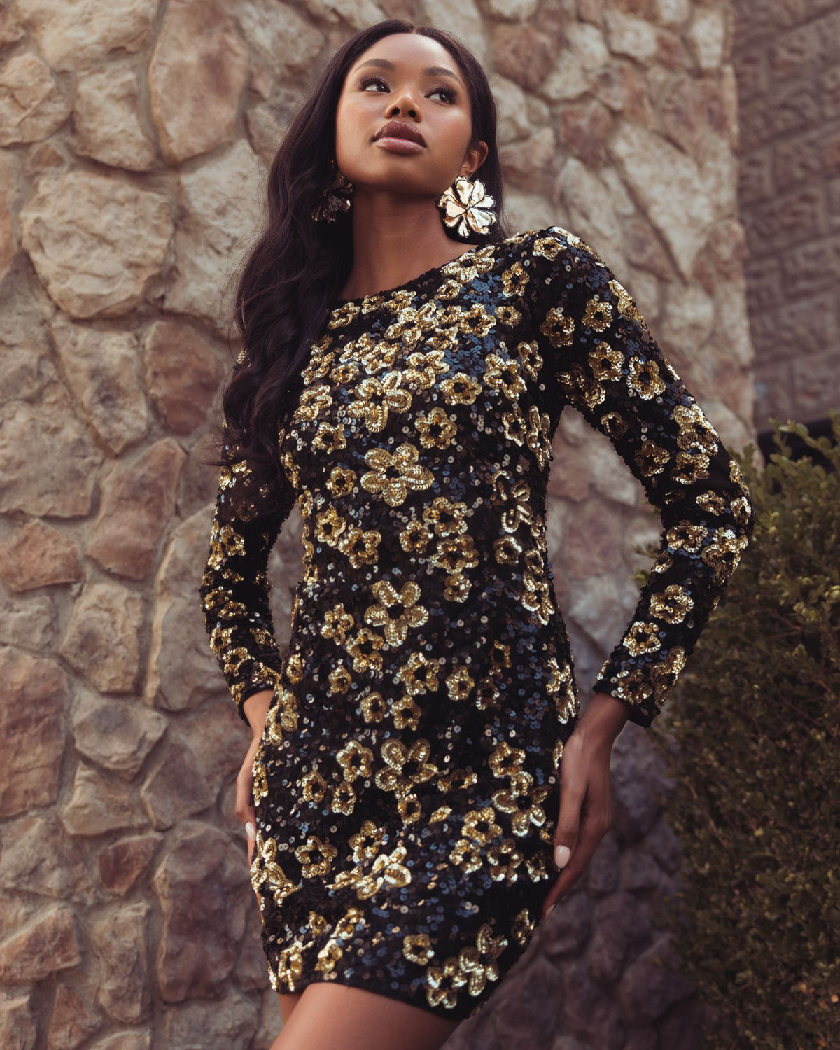 Black Gold Floral Sequin Mini Dress Mac Duggal