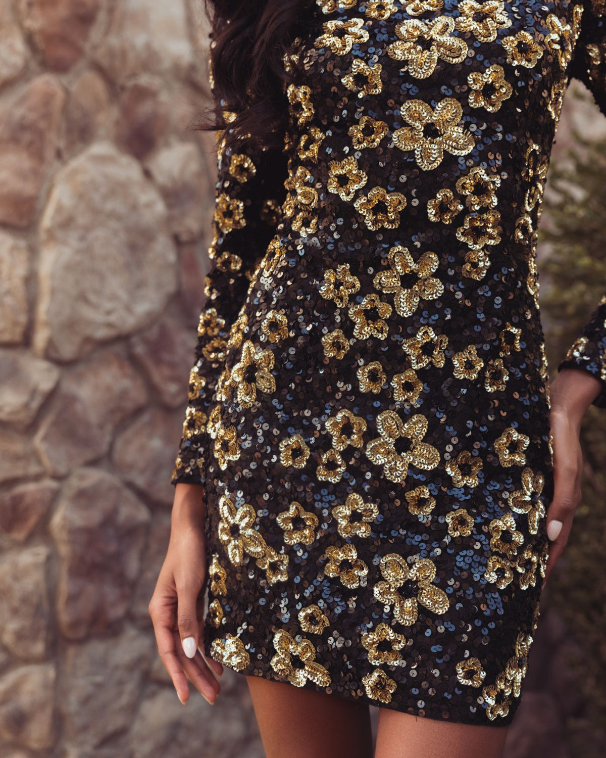 Black Gold Floral Sequin Mini Dress Mac Duggal