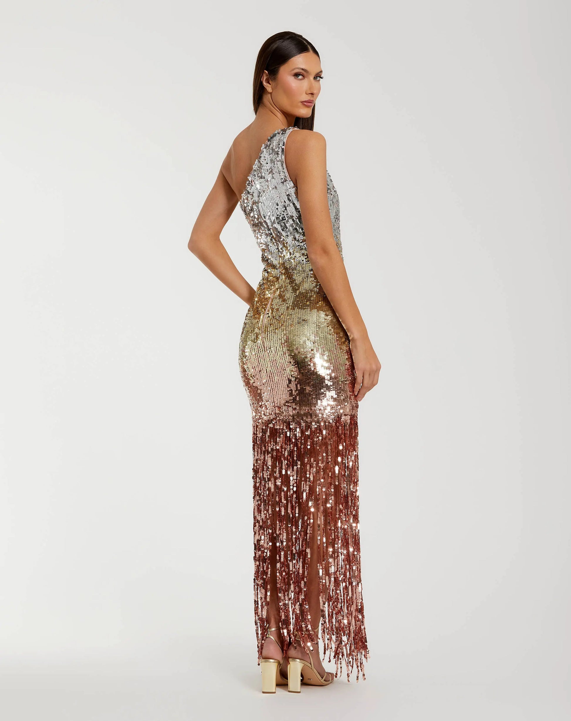 Mac Duggal Ombre Sequin Fringe Mesh One Shoulder Gown, Womens, 8, Gold Silver Mac Duggal Ombre Sequin Fringe Mesh One Shoulder Gown, Womens, 8, Gold Silver