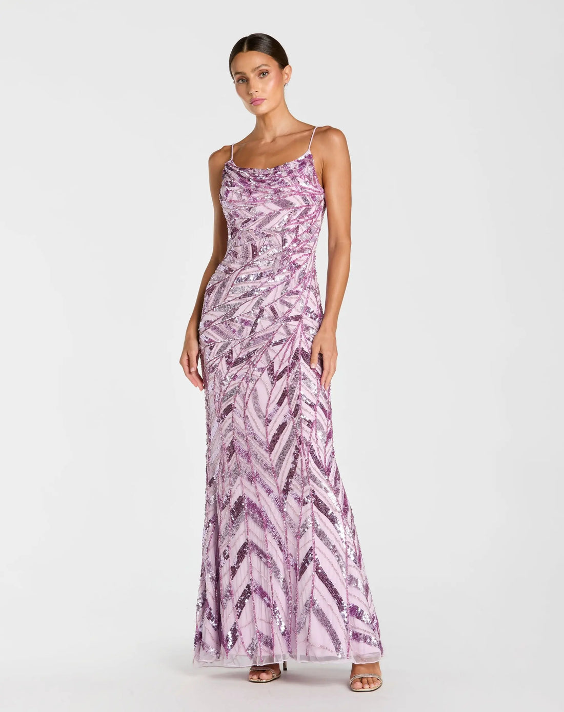 Purple Sleeveless Cowl Back Embellished Gown Purple Sleeveless Cowl Back Embellished Gown