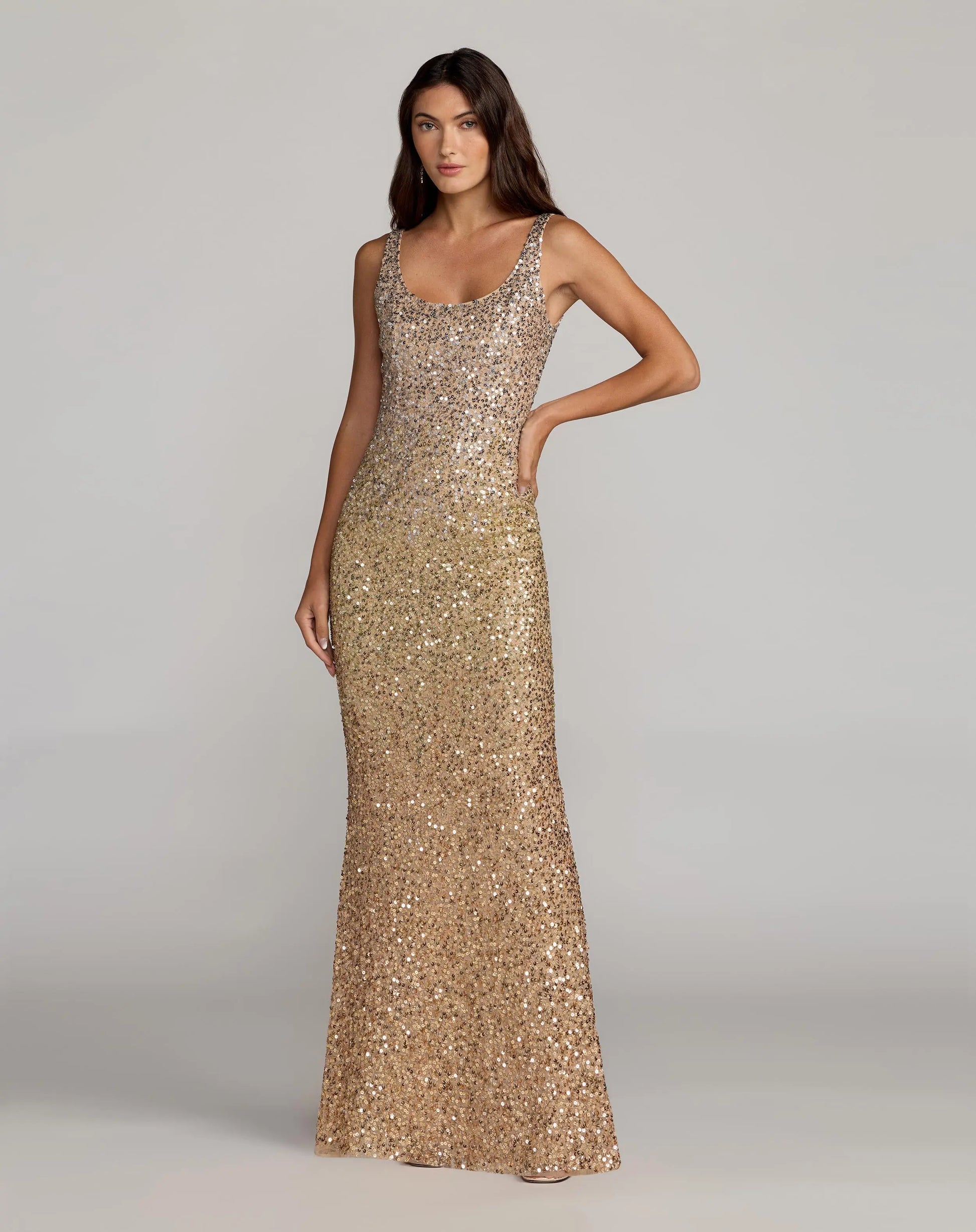 Mac Duggal - Gold Sequin Scoop Neck Column Gown