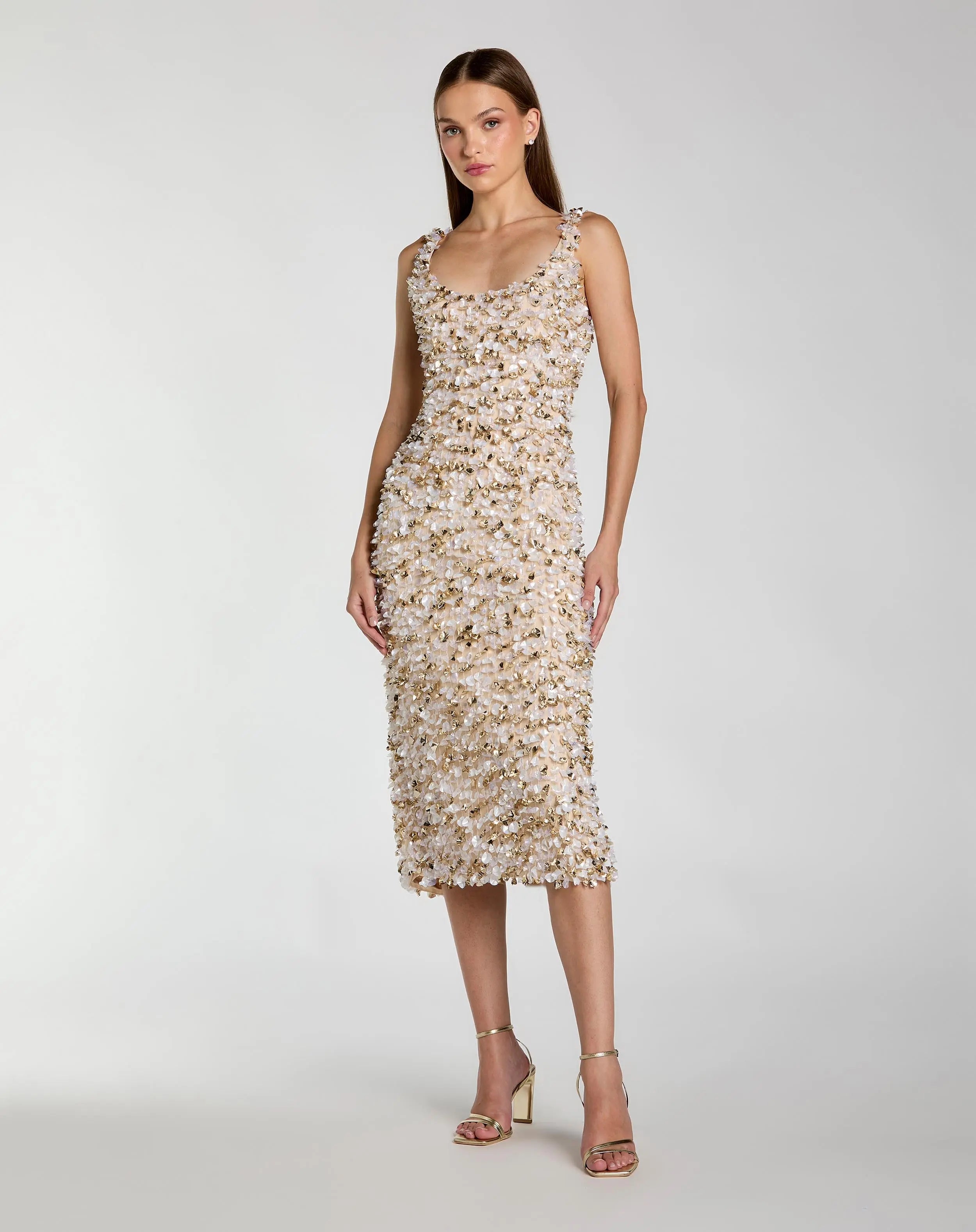 Beige Sleeveless Paillette Embellished Fitted Midi Dress - Mac Duggal