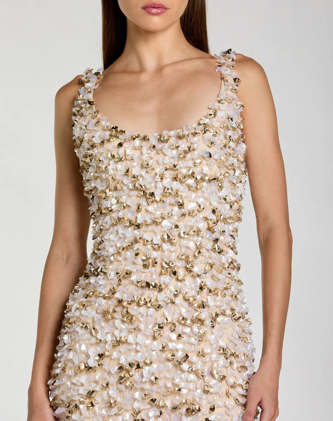 Beige Sleeveless Paillette Embellished Fitted Midi Dress - Mac Duggal