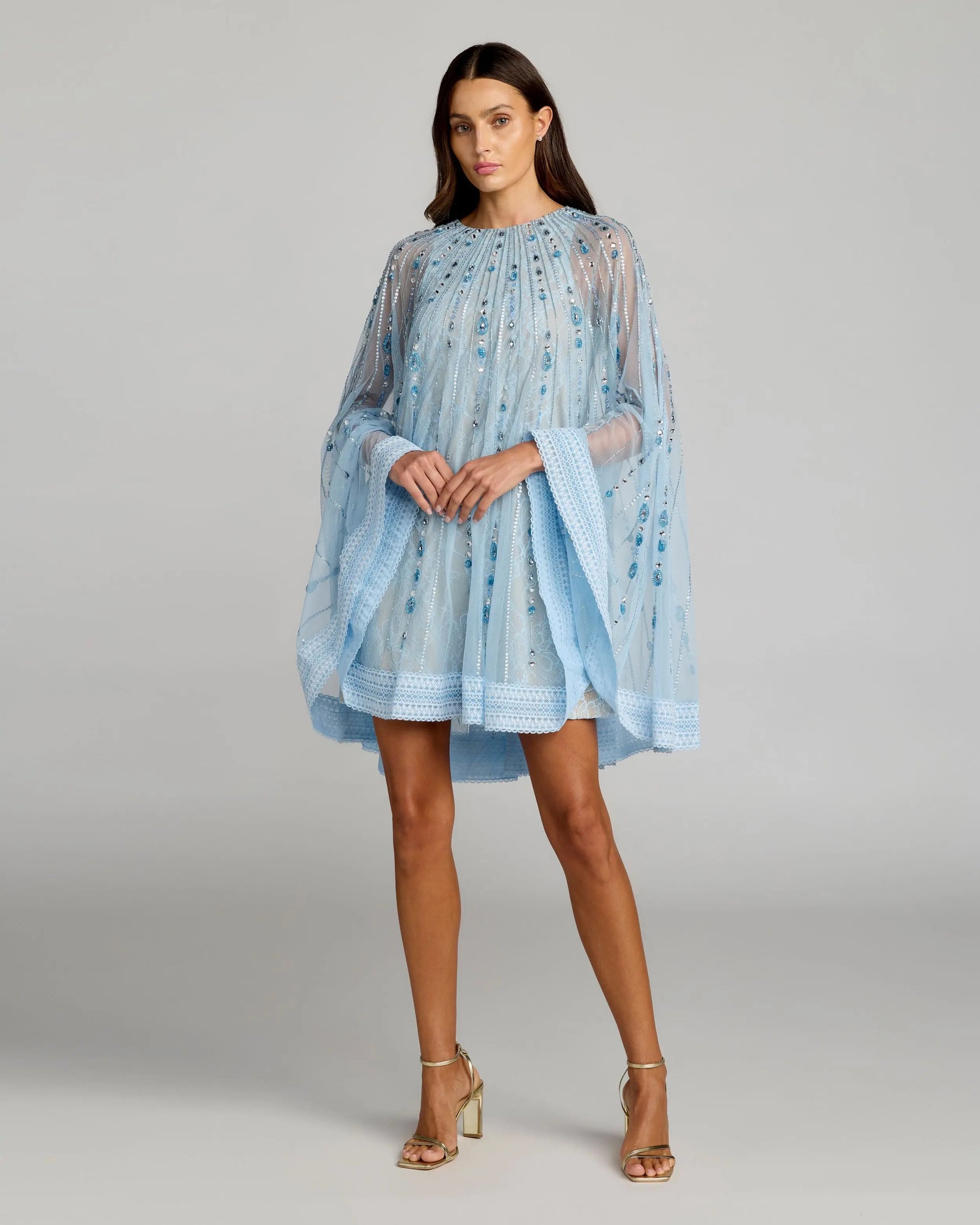 Blue Beaded Lace Cape Sleeve Mini Dress | Mac Duggal Blue Beaded Lace Cape Sleeve Mini Dress | Mac Duggal