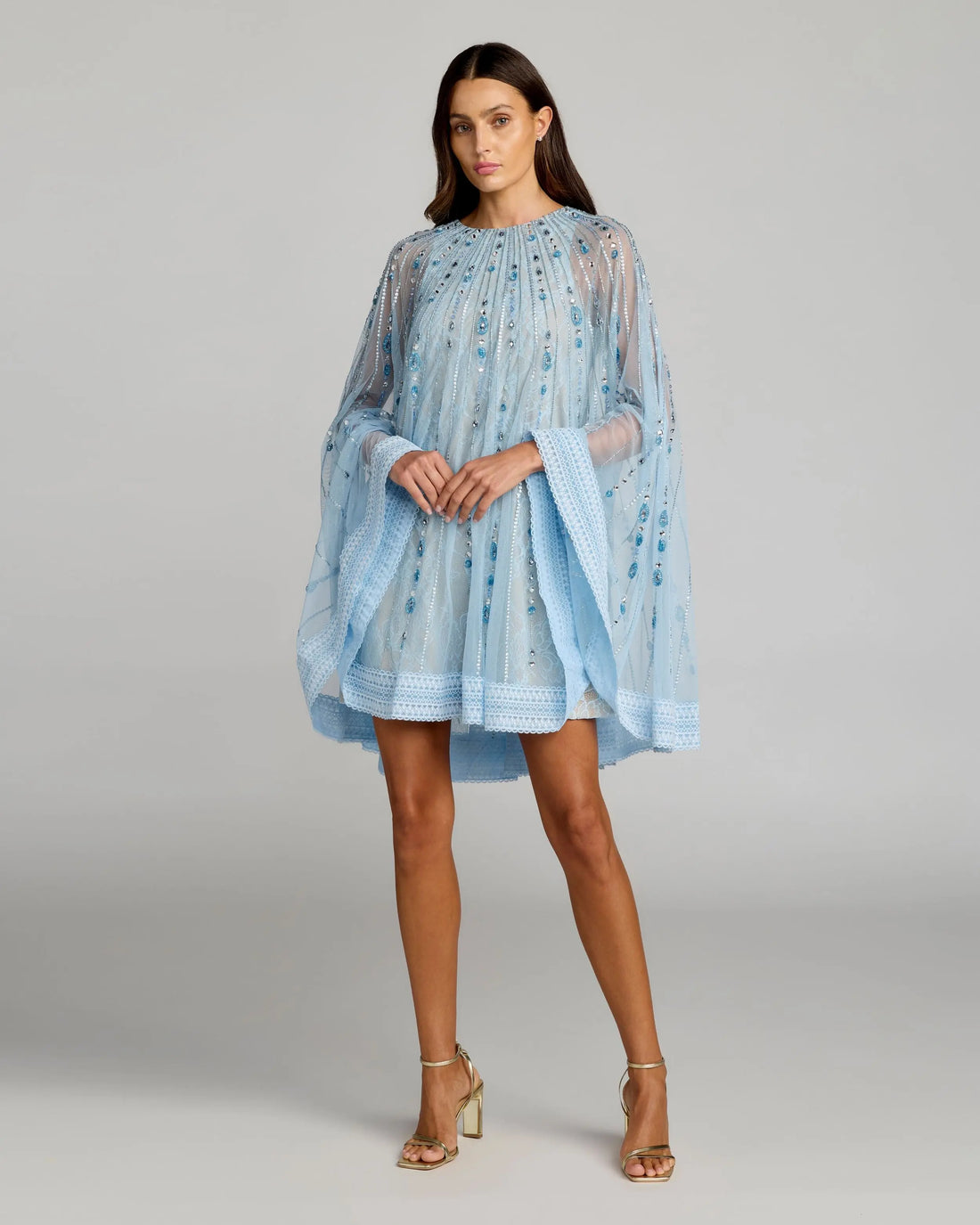 Blue Beaded Lace Cape Sleeve Mini Dress | Mac Duggal Blue Beaded Lace Cape Sleeve Mini Dress | Mac Duggal