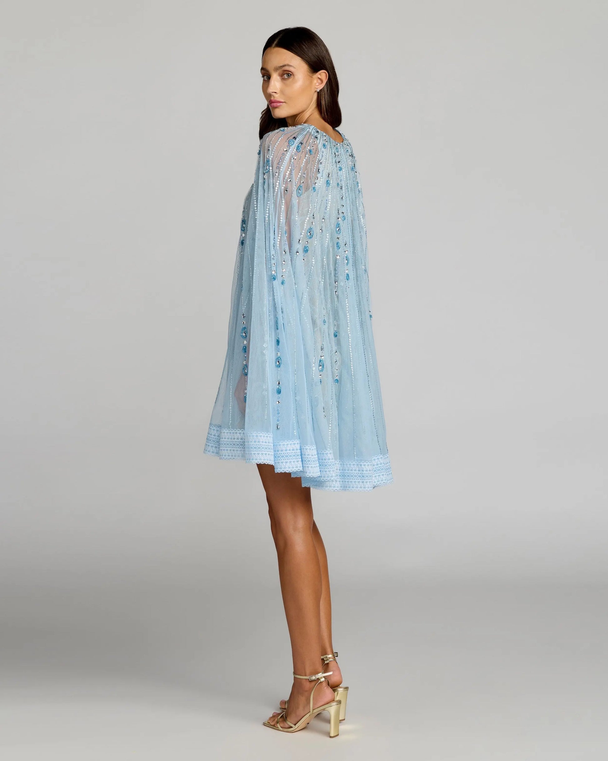 Blue Beaded Lace Cape Sleeve Mini Dress | Mac Duggal Blue Beaded Lace Cape Sleeve Mini Dress | Mac Duggal