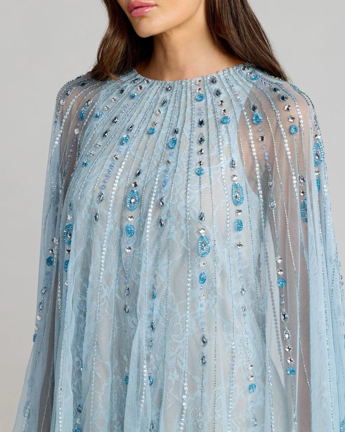 Blue Beaded Lace Cape Sleeve Mini Dress Mac Duggal