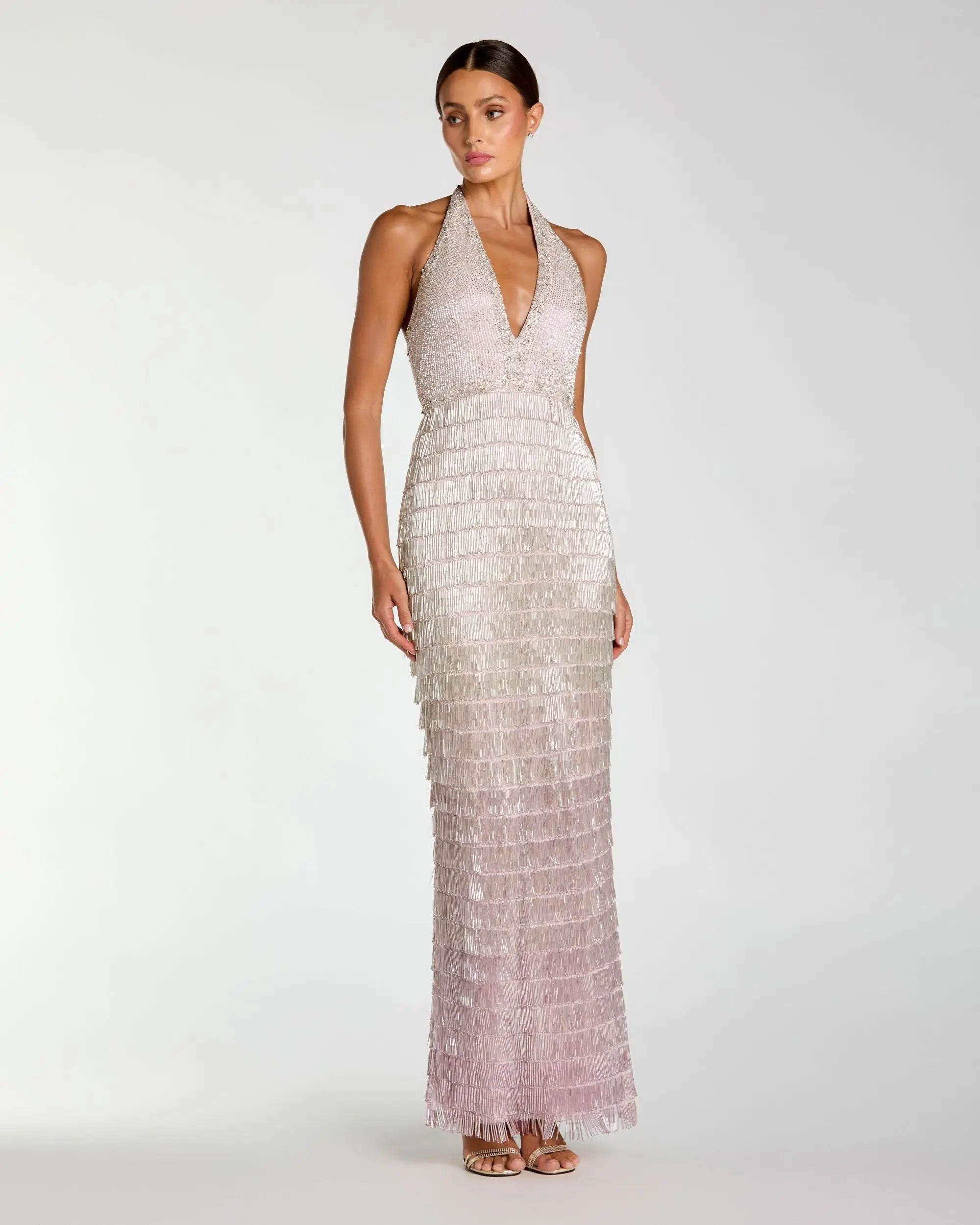 Purple and Silver Halter Neck Embellished Fringe Gown - Mac Duggal