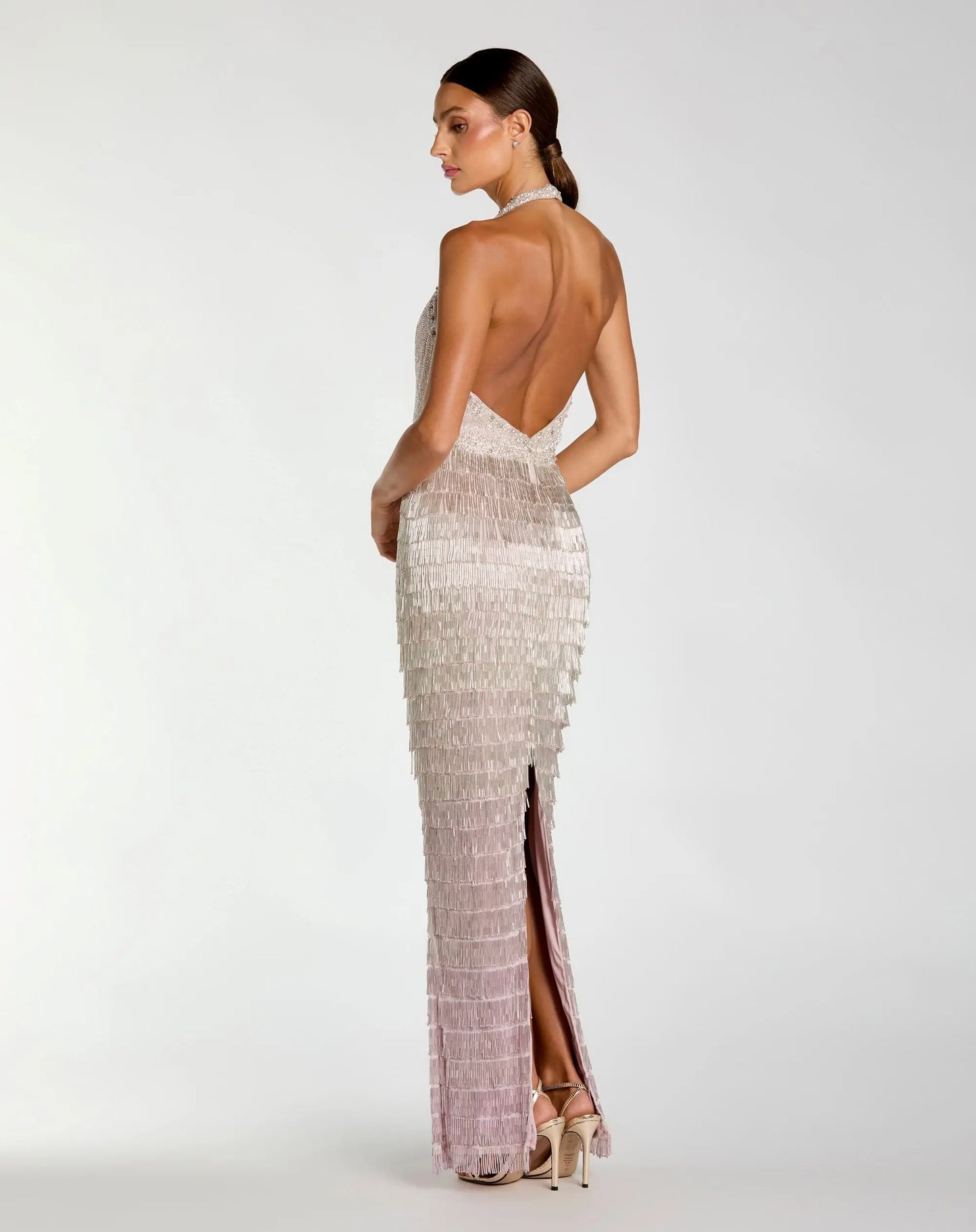 Purple and Silver Halter Neck Embellished Fringe Gown - Mac Duggal