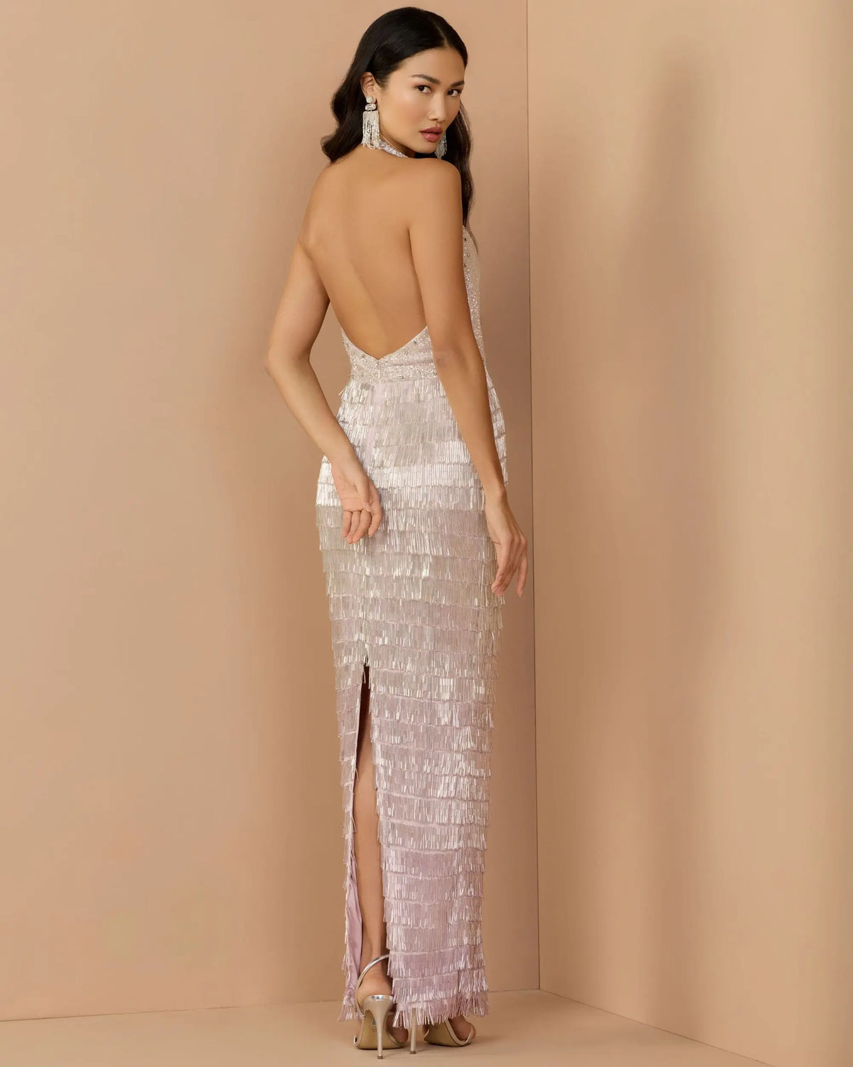 Silver Lilac Halter Neck Embellished Fringe Gown - Mac Duggal