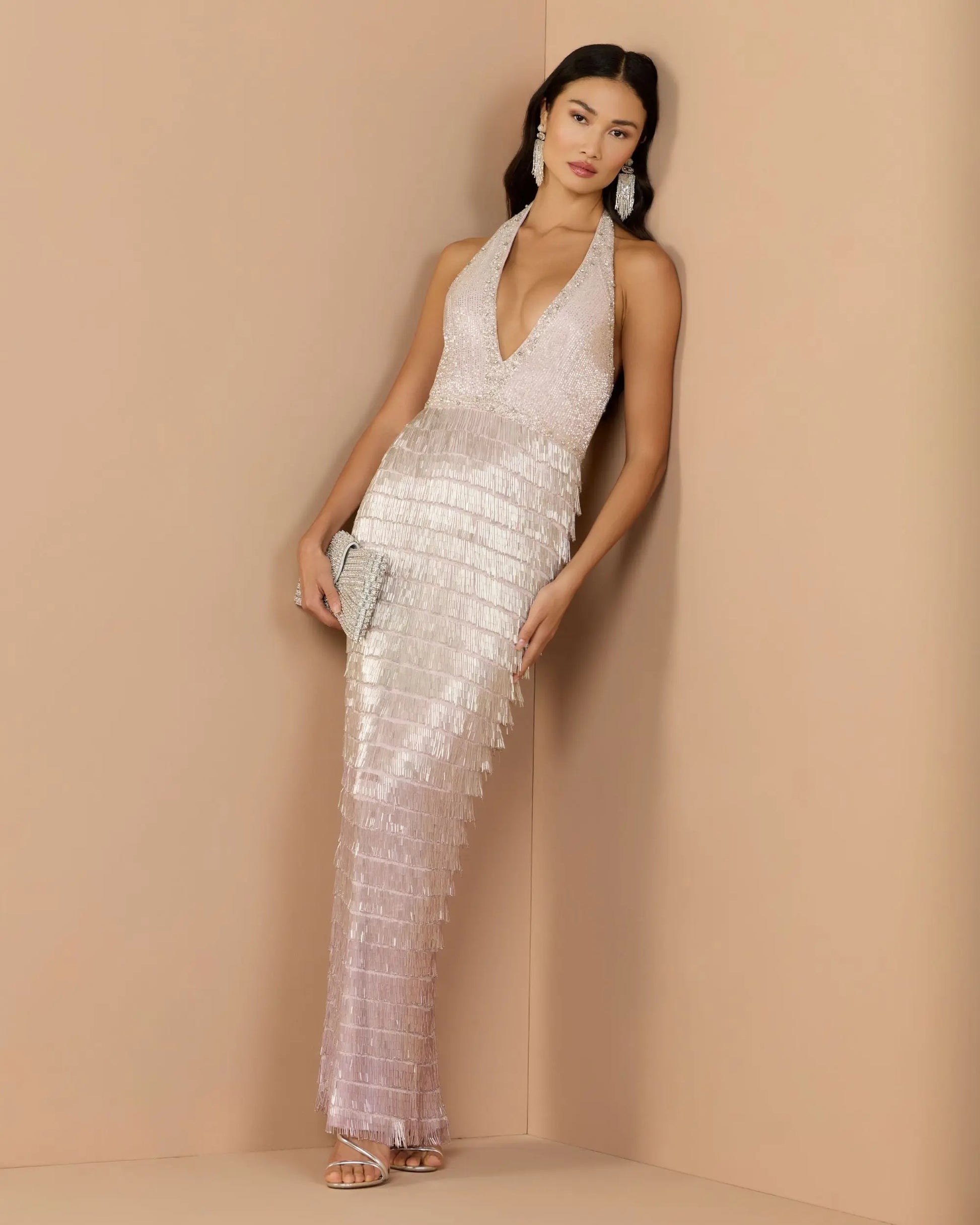 Purple and Silver Halter Neck Embellished Fringe Gown - Mac Duggal