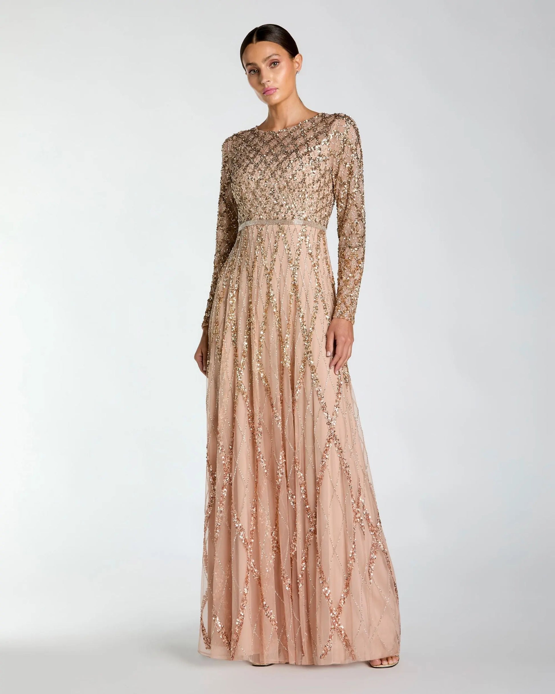 Beige Ombre Sequined Long Sleeve Gown Mac Duggal