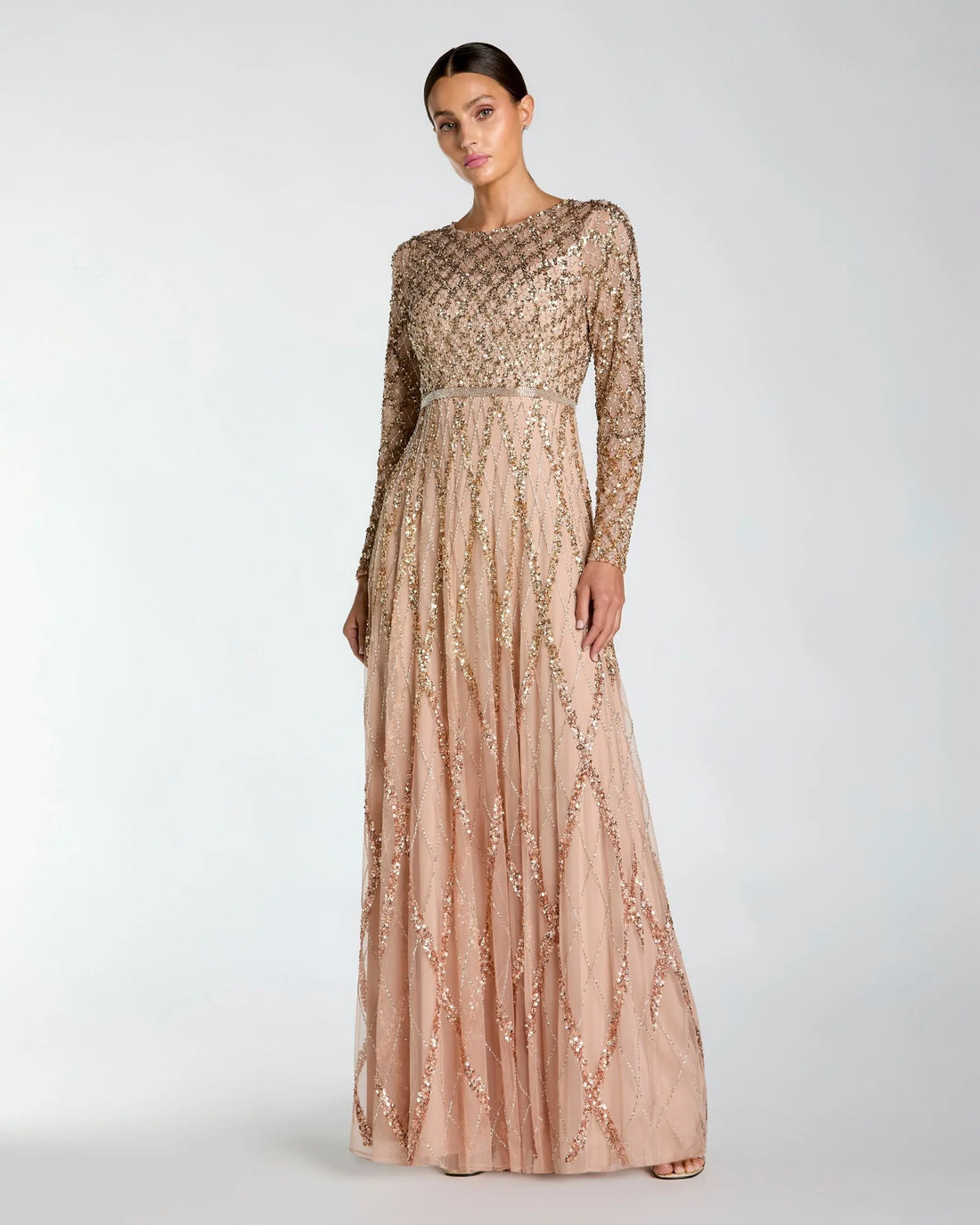 Beige Ombre Sequined Long Sleeve Gown Mac Duggal