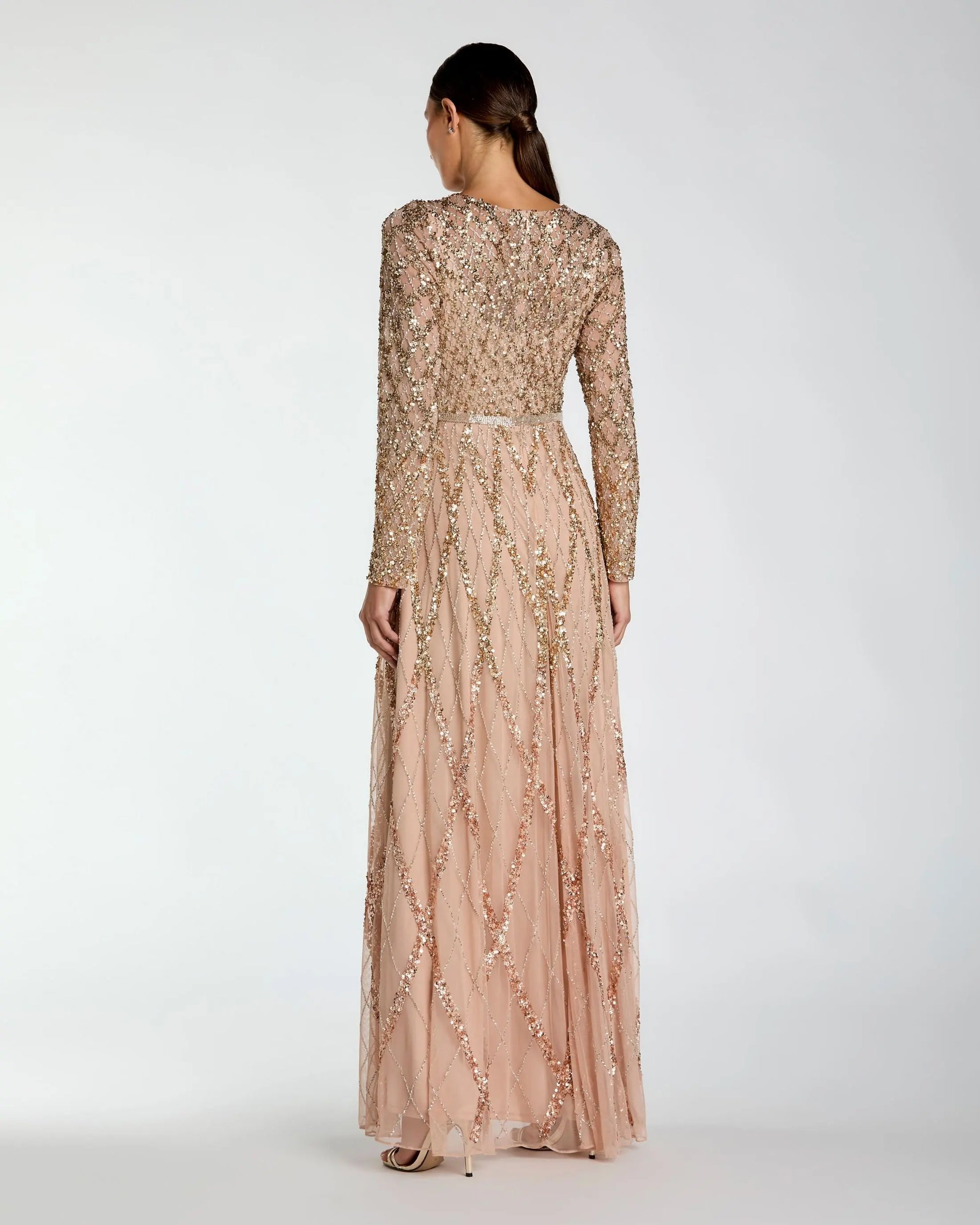 Beige Ombre Sequined Long Sleeve Gown Mac Duggal