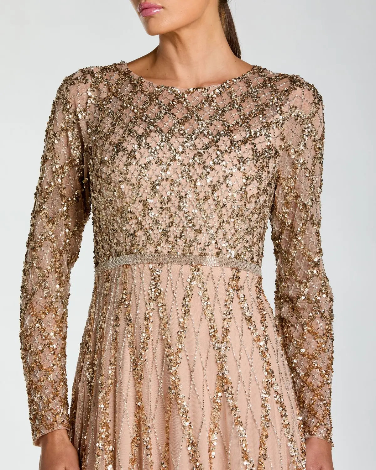 Beige Ombre Sequined Long Sleeve Gown Mac Duggal
