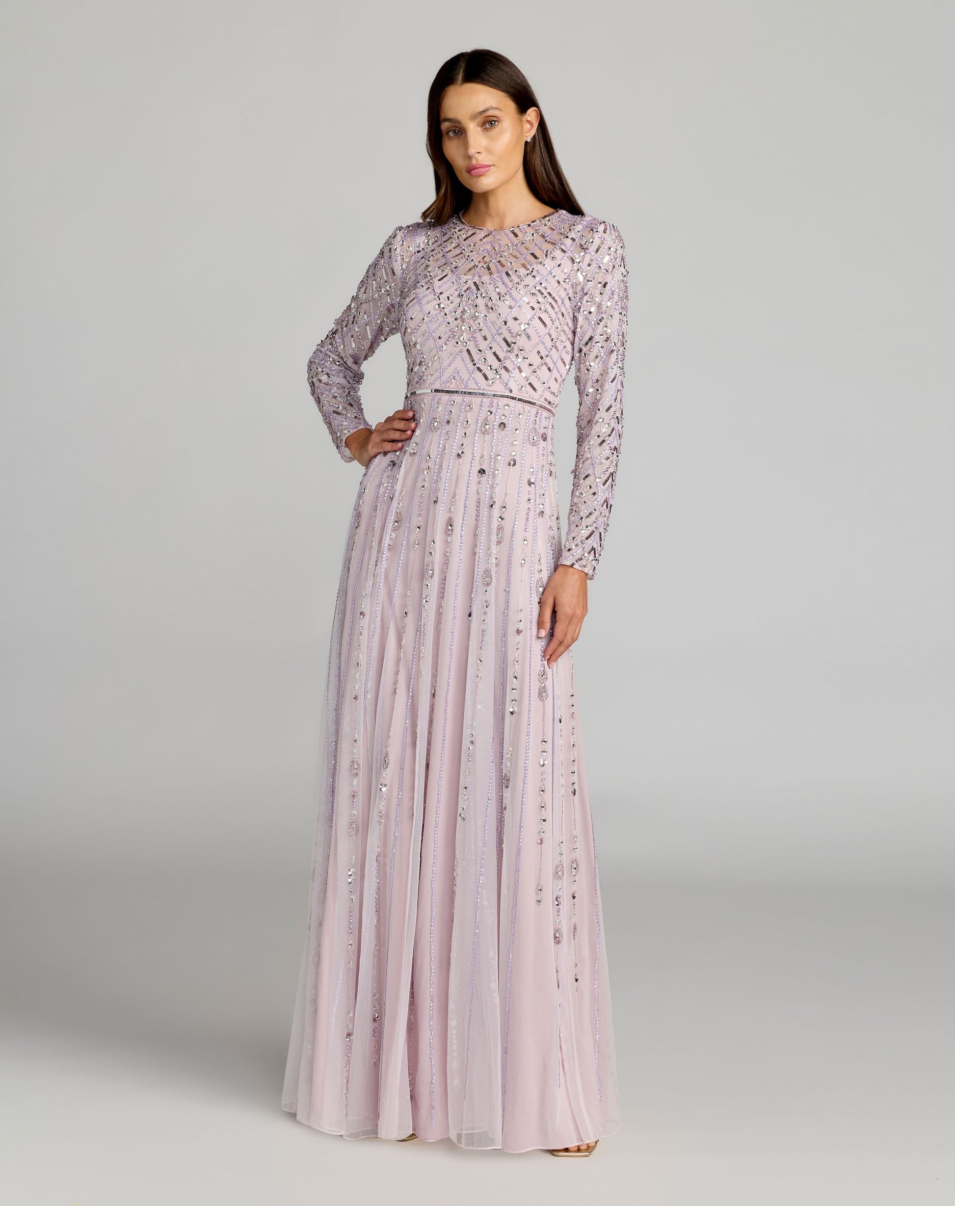 Purple Hand Embellished Long Sleeve A-Line Gown - Mac Duggal